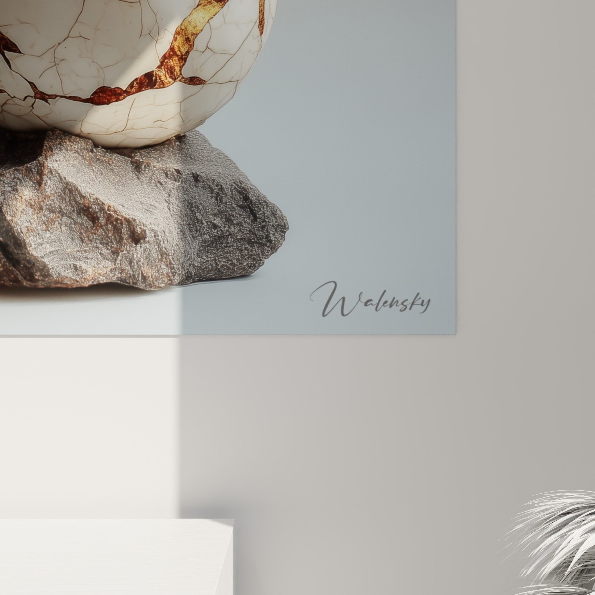 Overall view ikebana painting raw stone vase golden branches minimalist zen wall decoration