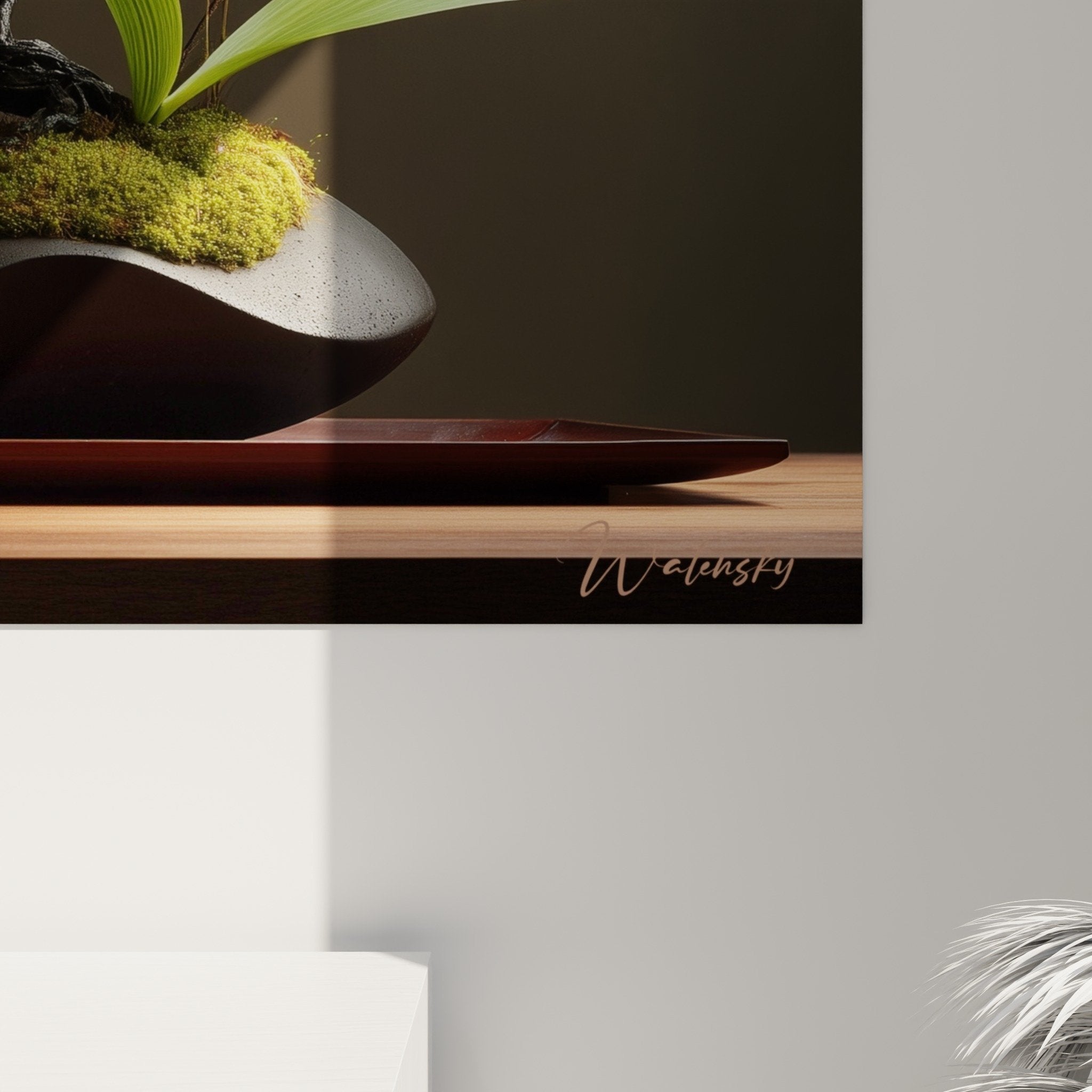Ikebana floral arrangement orange orchids living room wall art zen decoration Japanese harmonious design