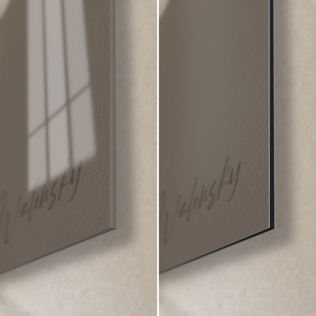 Wall art of purple leaves on pale stone, bottom right corner: glossy acrylic glass on the left, matte grey Dibond aluminium on the right, thin edge