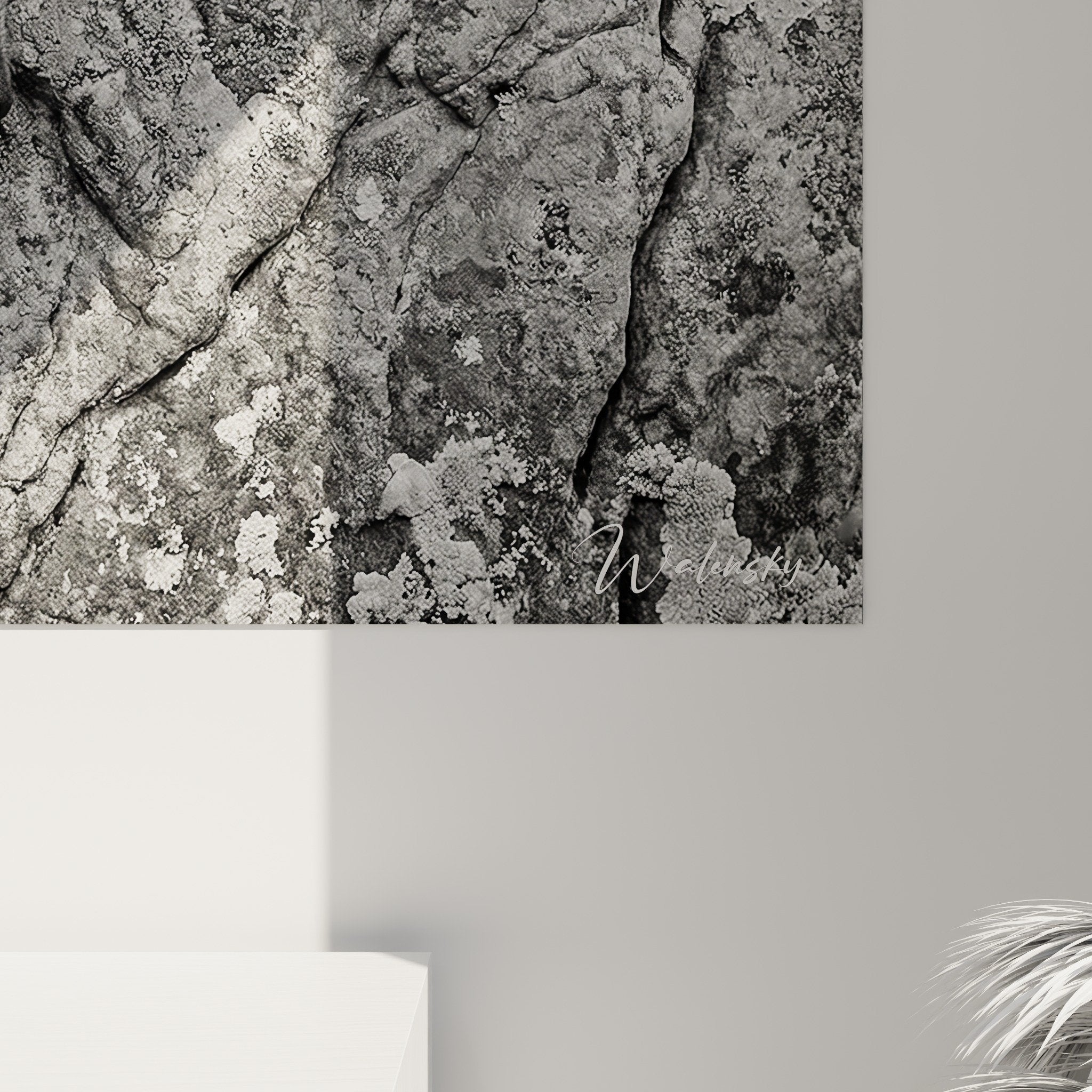 Vista d'insieme del quadro Irish Wolfhound contemplativo su roccia, opera monocromatica in interno contemporaneo