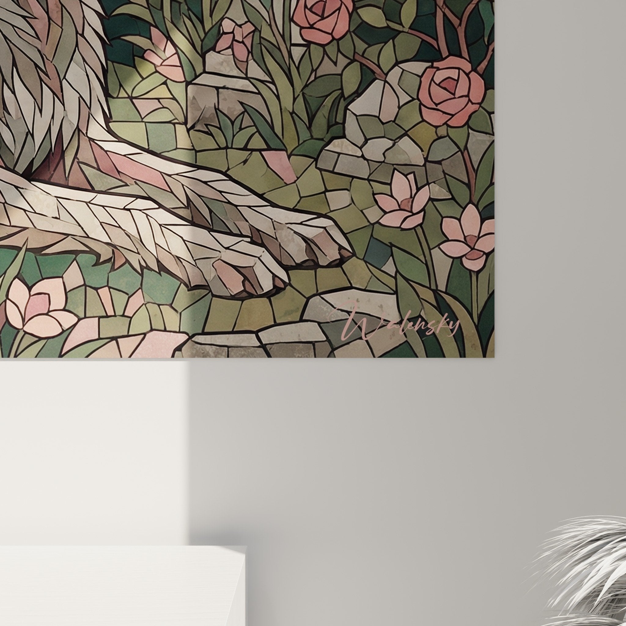 Gesamtansicht Kunstdruck Irish Wolfhound Garten Rosen Mosaik Wanddekoration rustikaler Stil