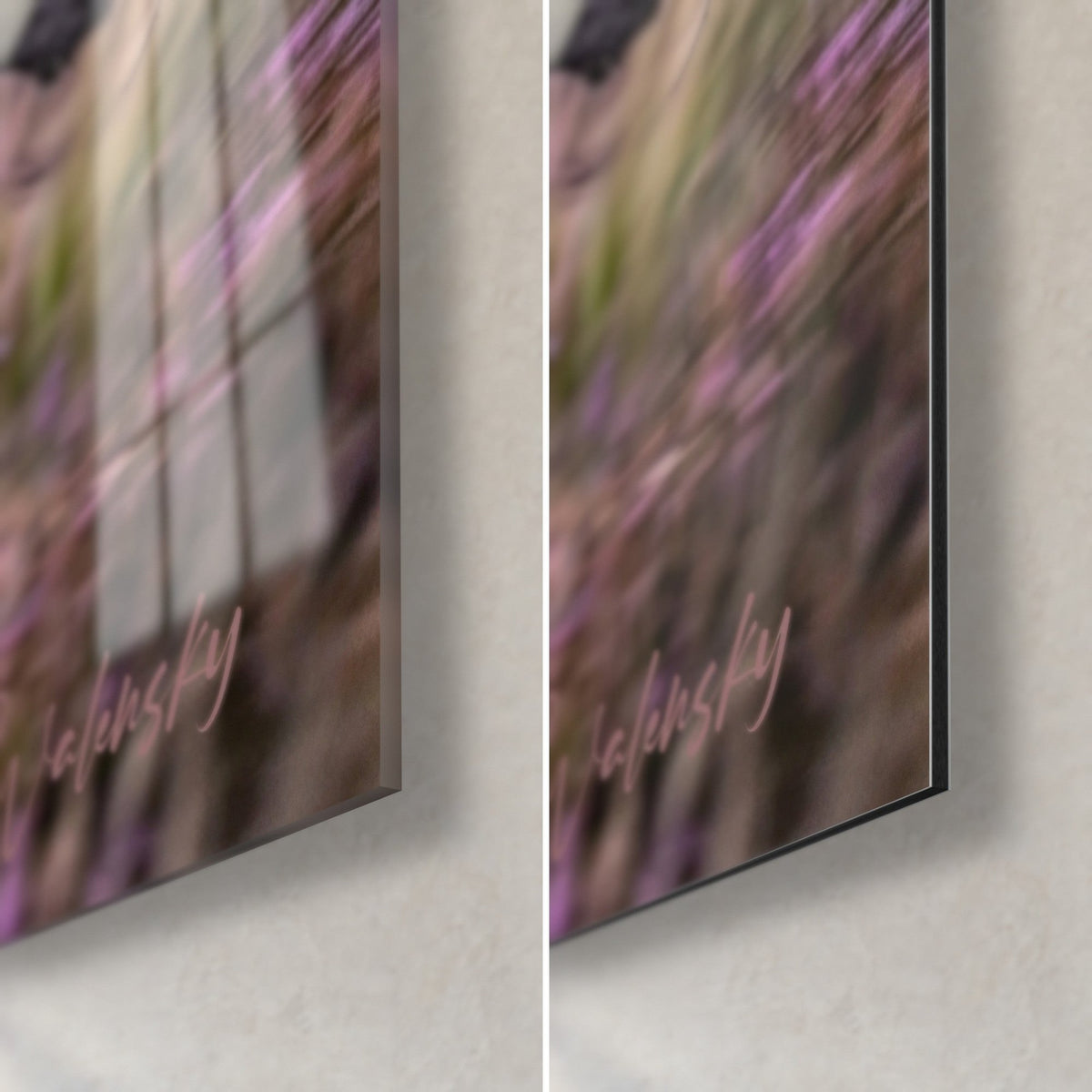 Wall art of a leaping Irish wolfhound, bottom right corner: glossy acrylic glass with mauve reflections, matte grey Dibond aluminium, 3 mm edge