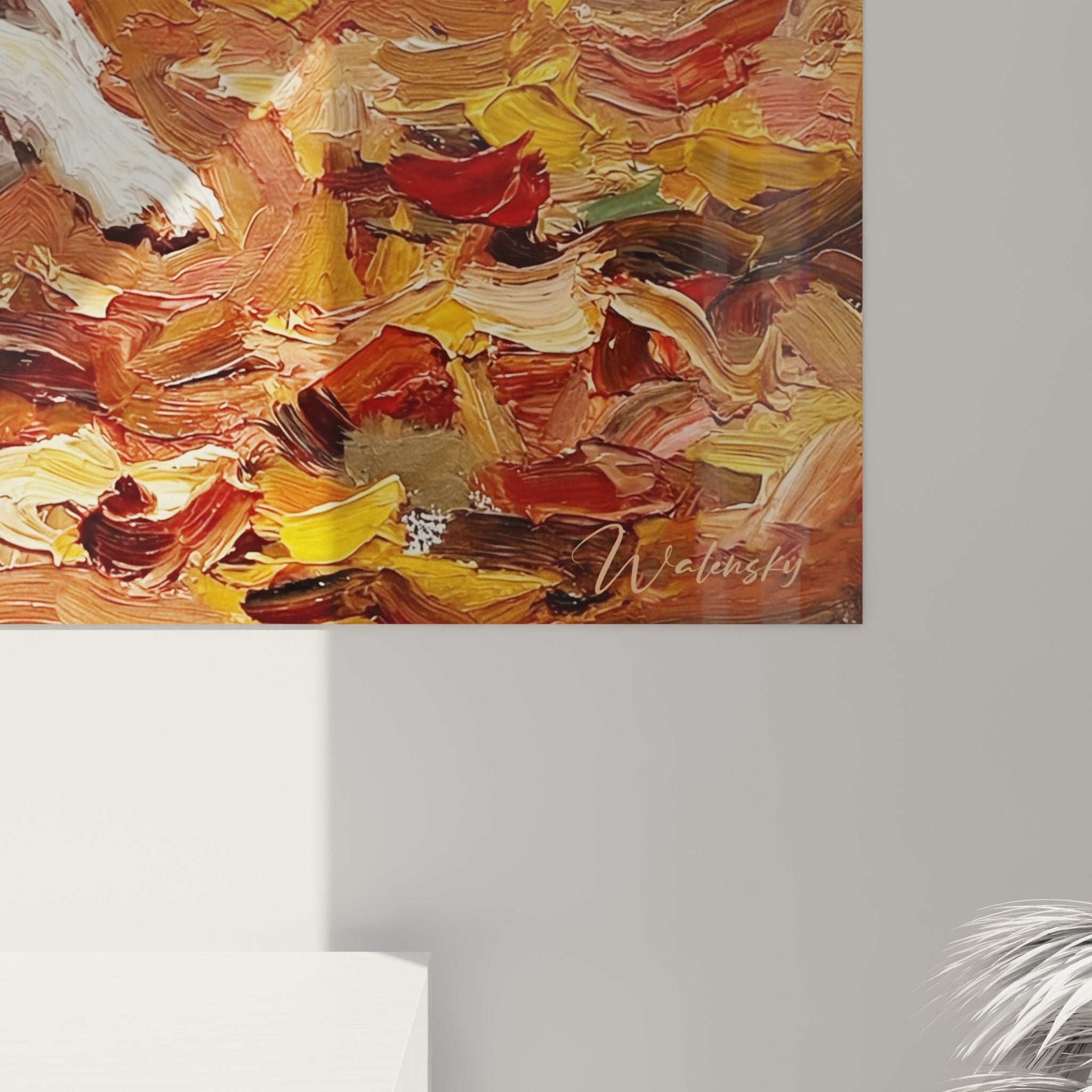 Vue ensemble tableau Jack Russel Terrier automne decoration interieure mur blanc salon moderne