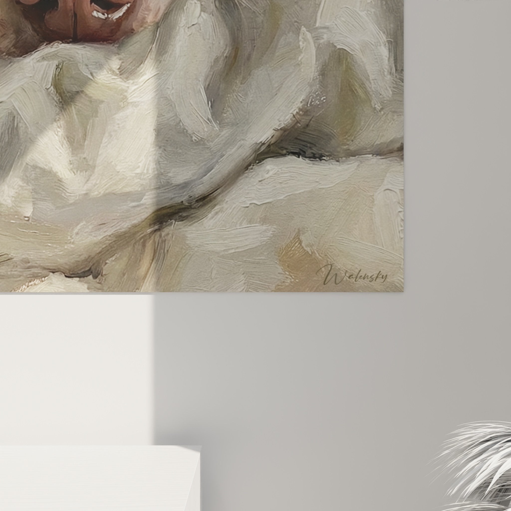 Full view Jack Russell Terrier wall art with beige cover warm neutral tones home decor