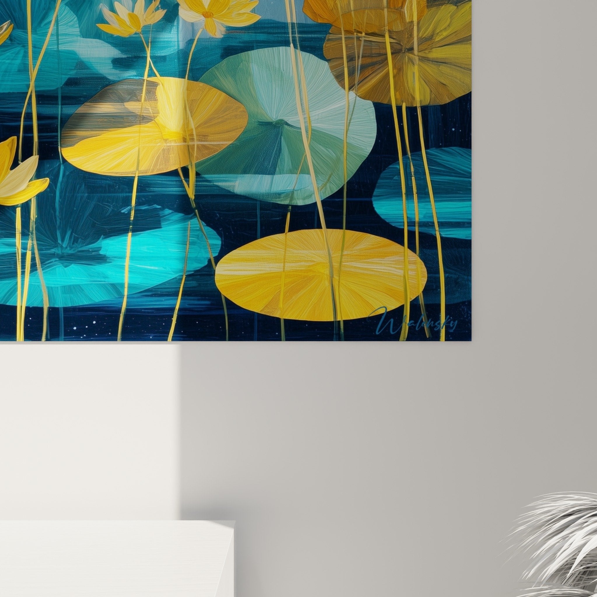 Overview of golden and turquoise aquatic garden wall art, refined and zen wall decoration