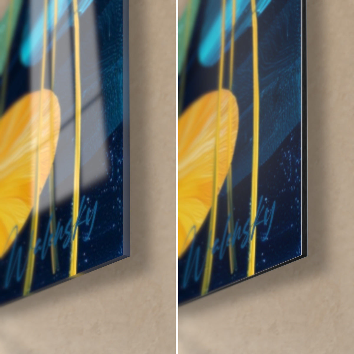 Quadro di stagno di ninfee su vetro acrilico lucido e alluminio Dibond opaco, foglia turchese, stelo giallo, bordo di 3 mm visibile