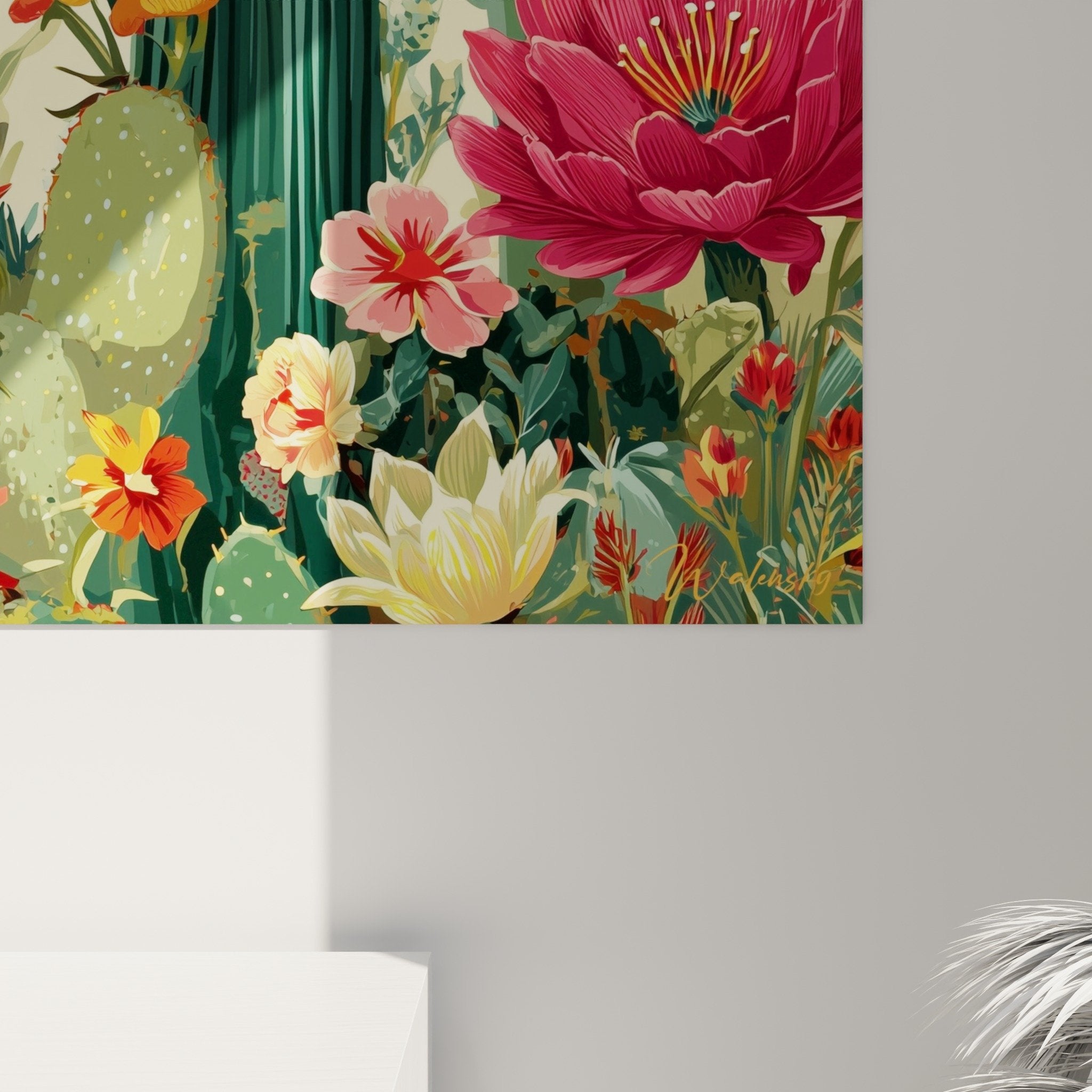 Overall view of cactus tropical garden wall art with vibrant colors interior decoration