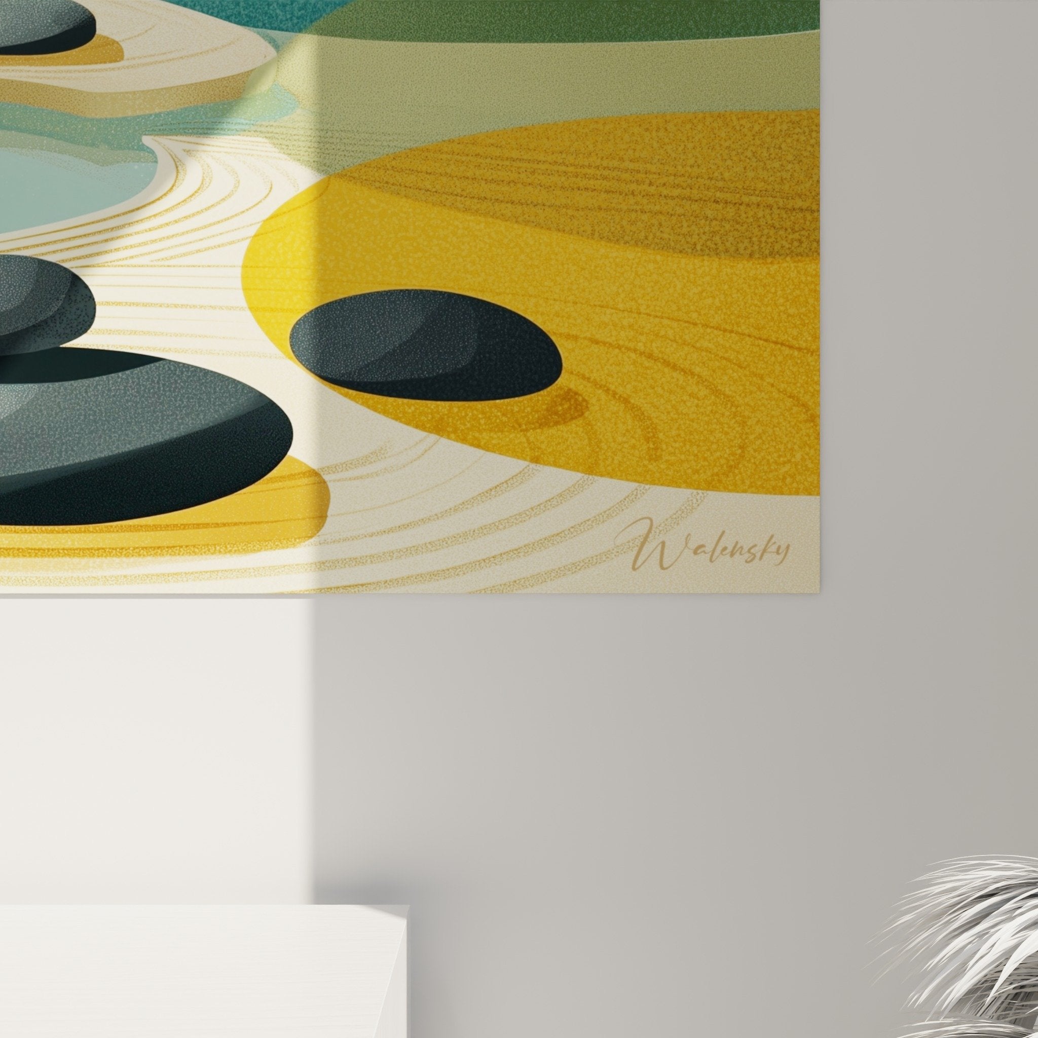 Vue ensemble tableau jardin zen galets composition geometrique tons teal orange dore