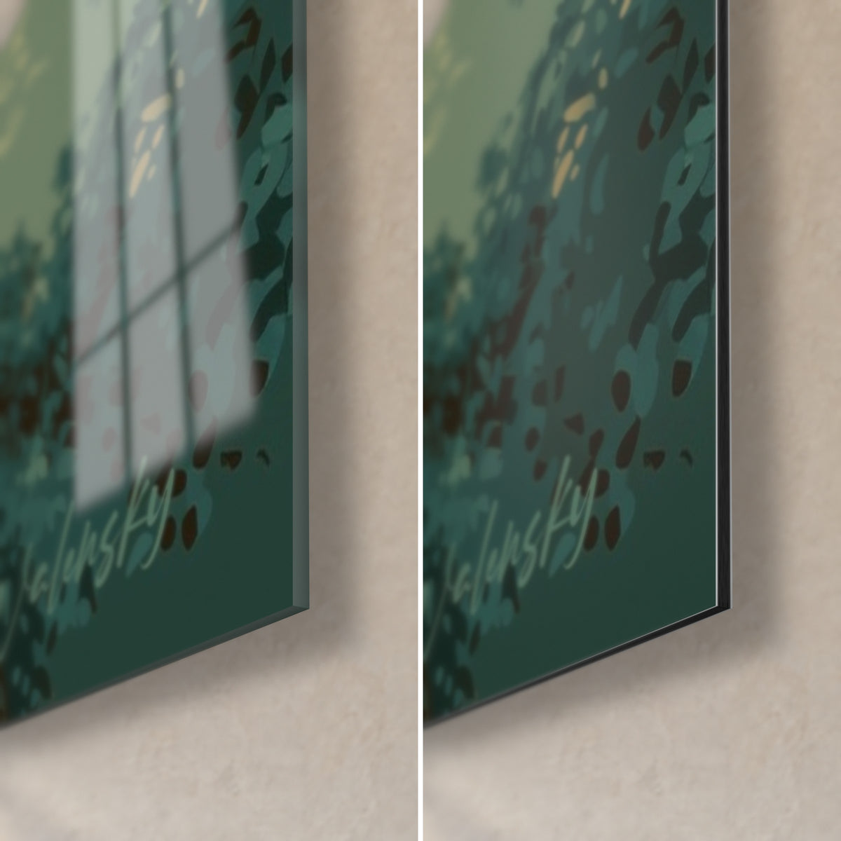 Quadro lanterna giapponese, angolo in basso a destra in vetro lucido verde profondo che riflette la finestra e Dibond opaco, spessore 3 mm