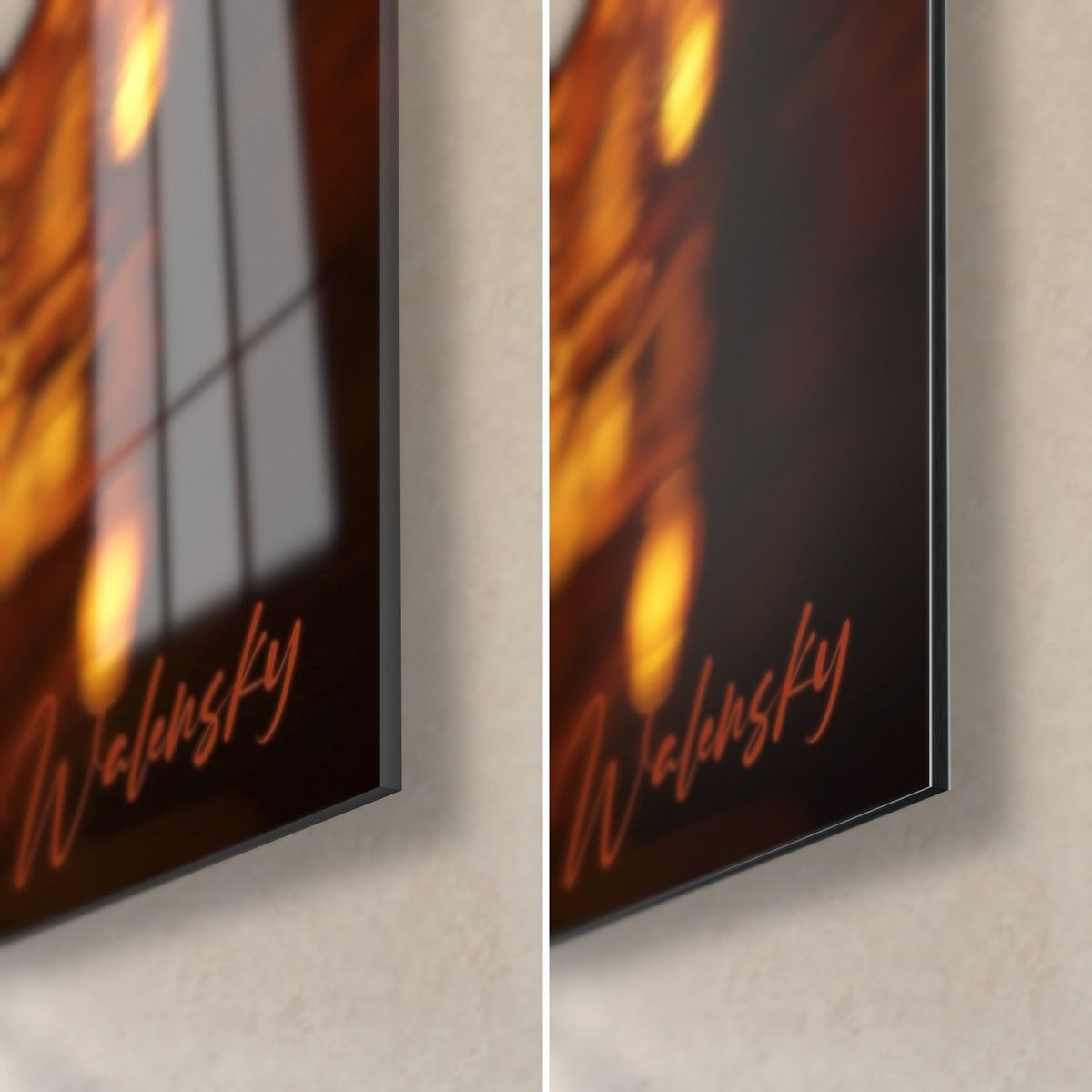 Gemälde einer durchbrochenen Lampionlaterne, untere rechte Ecke: orangefarbene Bokeh-Reflexe auf glänzendem Glas, mattes Schwarz des Dibond, Walensky-Signatur