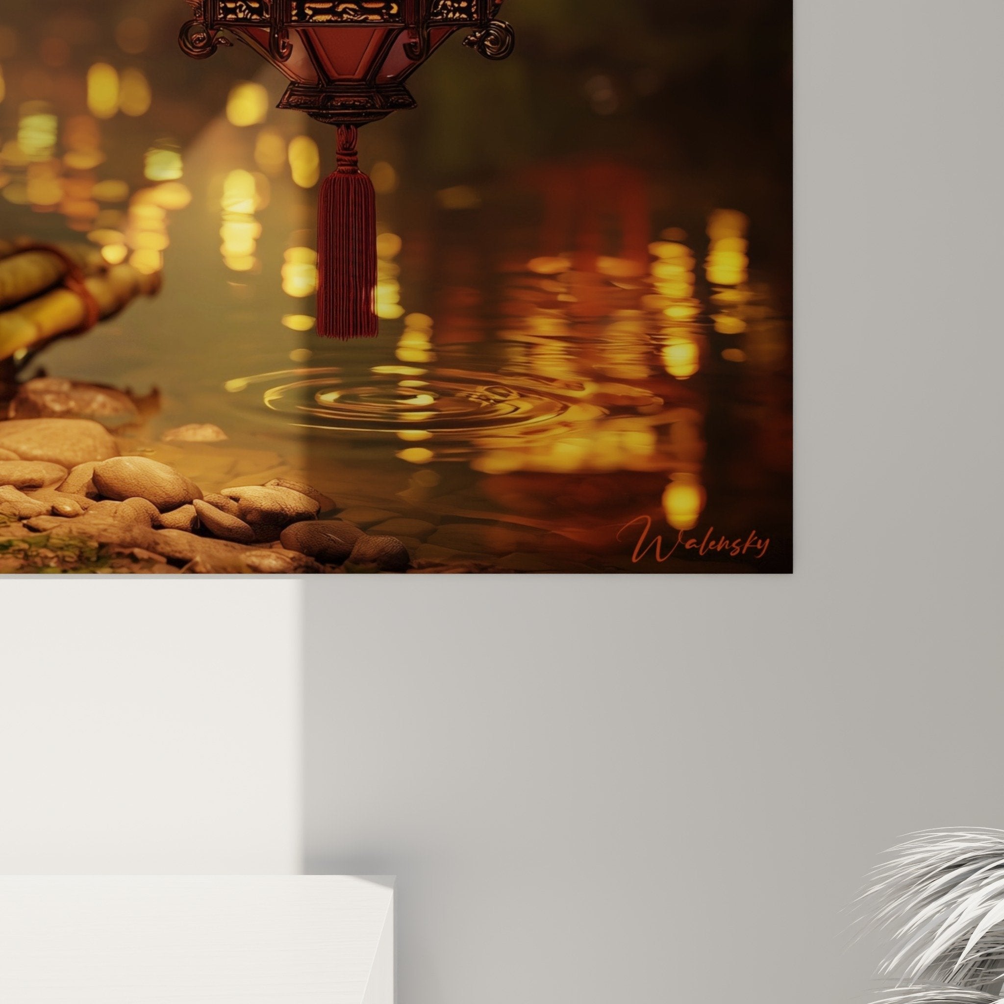 Overall view lantern painting zen garden bamboos luminous reflections oriental decor