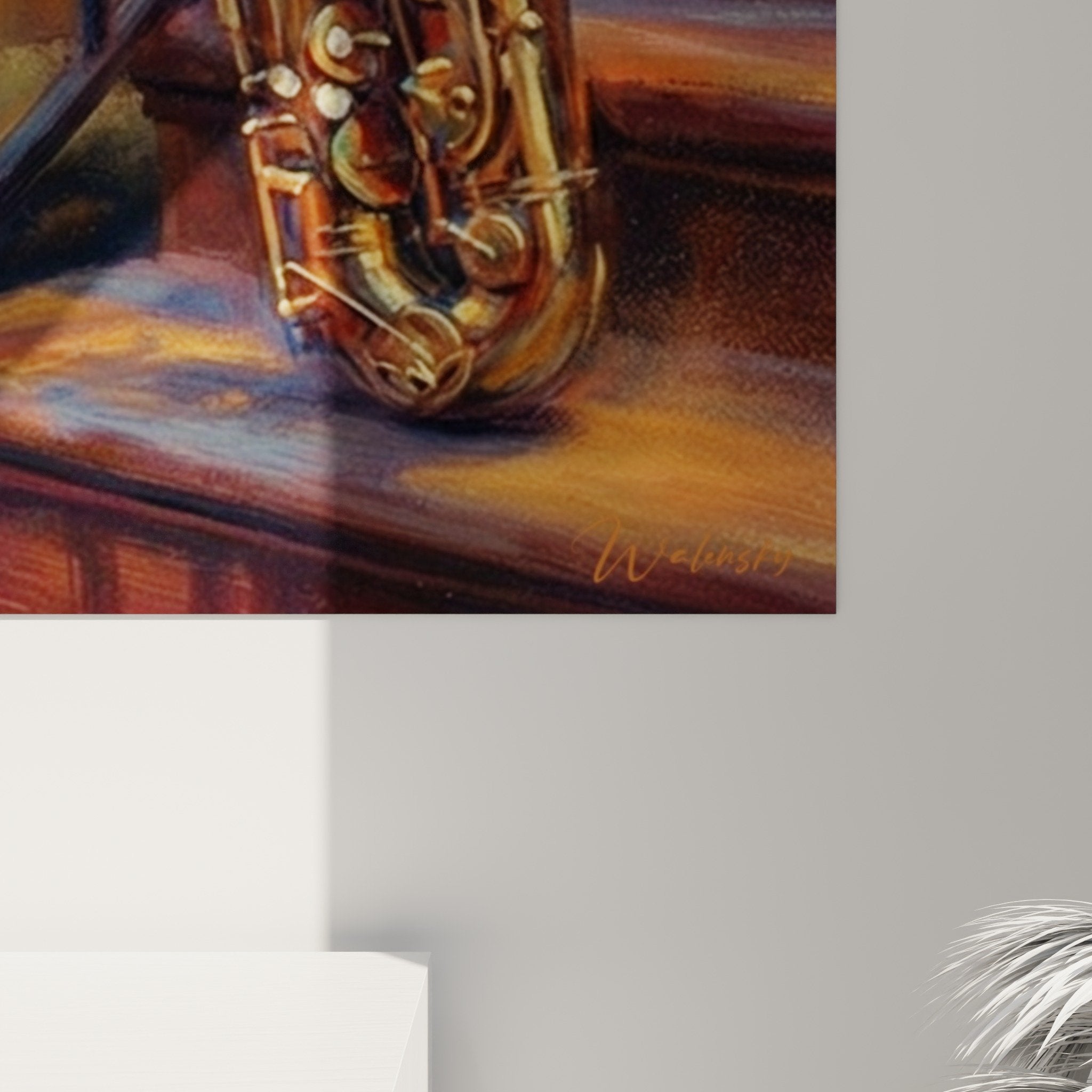 Vue ensemble tableau saxophone escalier fer forge architecture urbaine ambiance nocturne jazz Manhattan