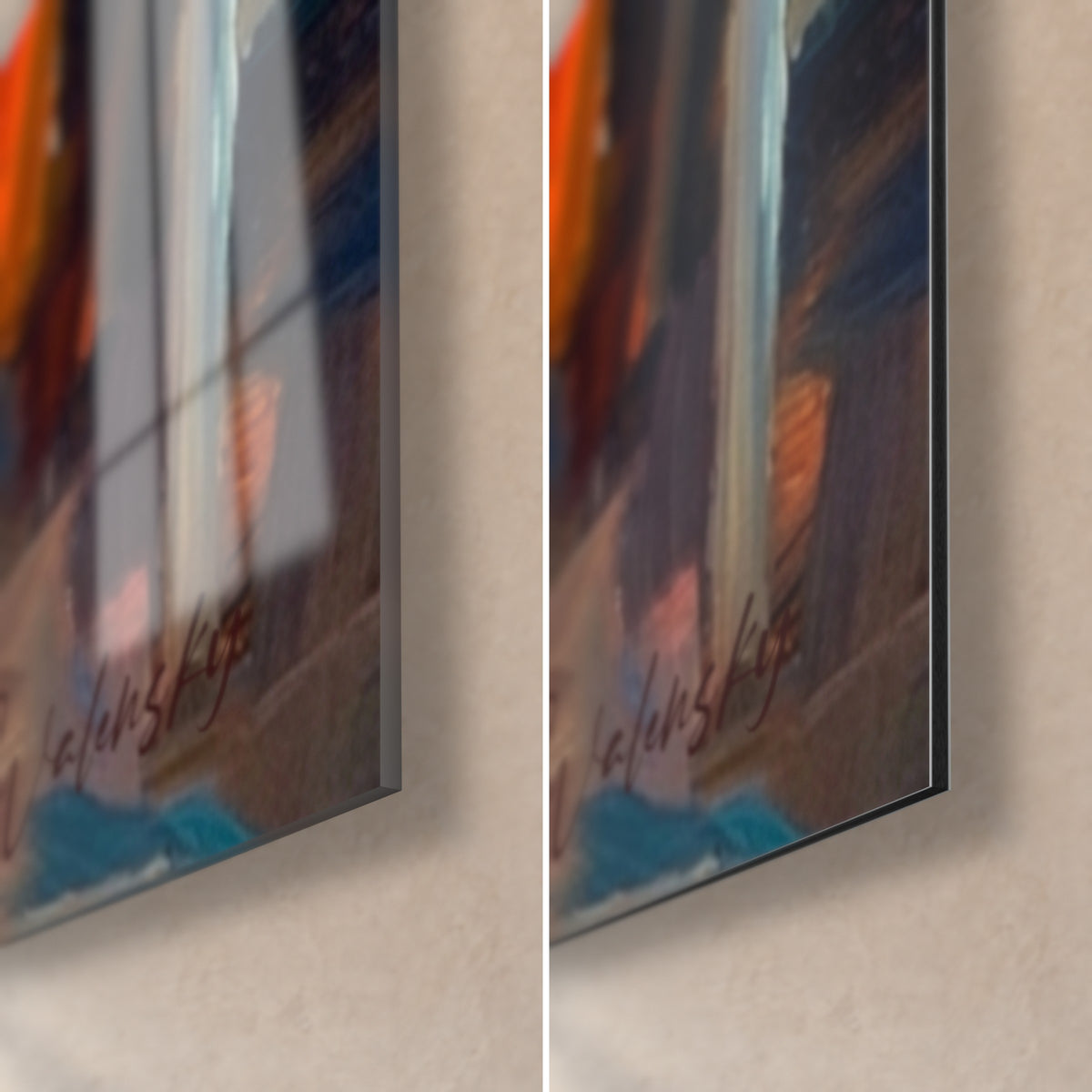 Quadro keeshond dal pelo argentato, angolo in basso a destra: vetro acrilico lucido che riflette la finestra, alluminio Dibond opaco e bordo da 3 mm