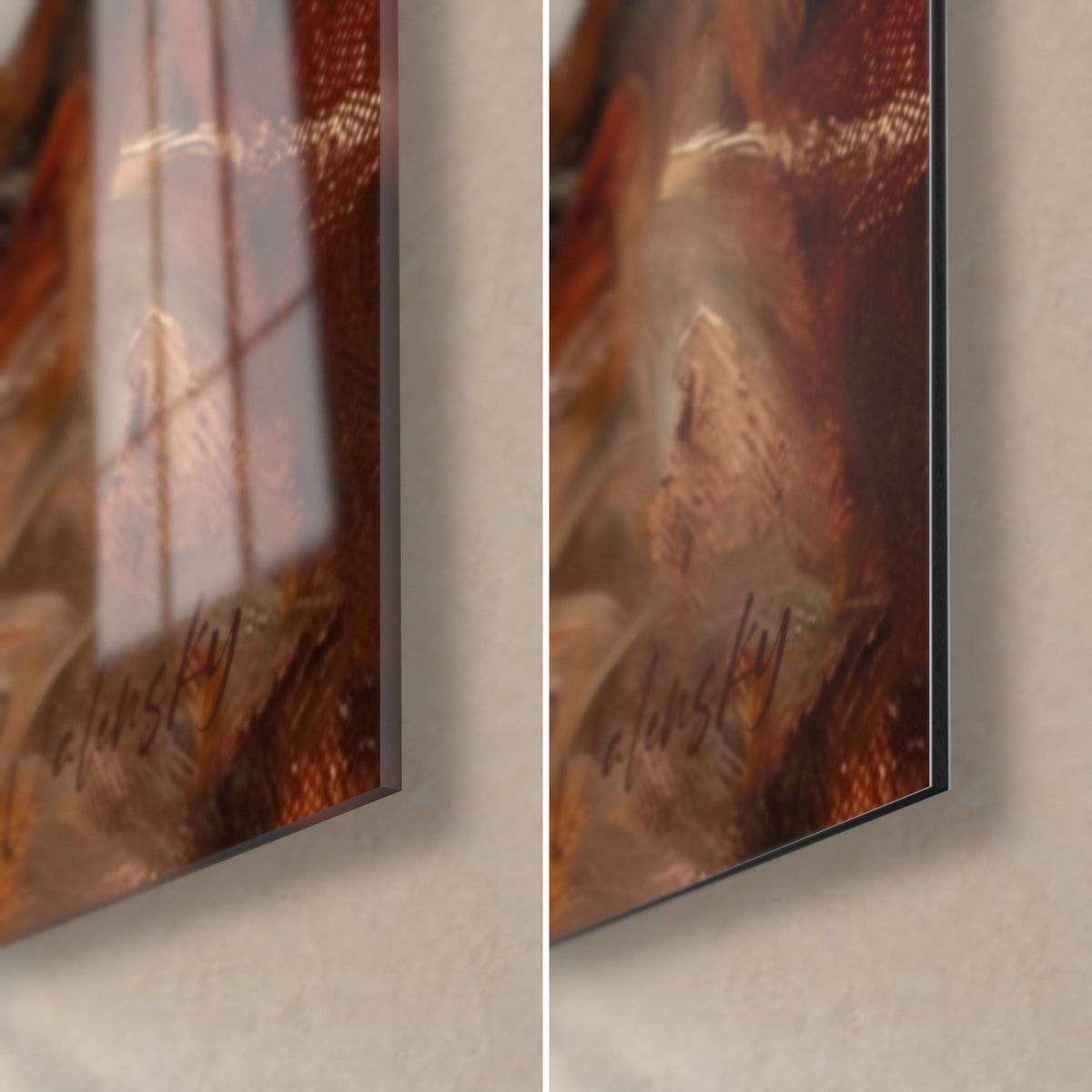 Tableau Keeshond au pelage gris, coin bas droit : verre acrylique brillant reflétant la fenêtre à gauche, Dibond noir mat à droite