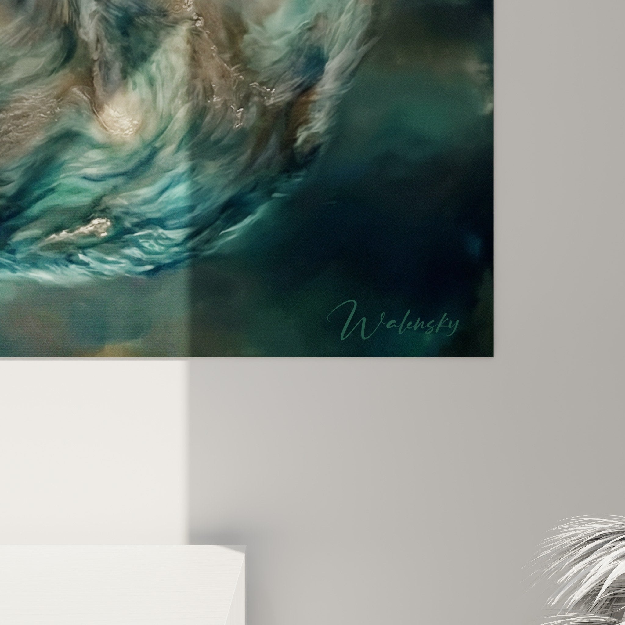 Vue ensemble tableau Keeshond plongée aquatique reflets turquoise art mural contemporain