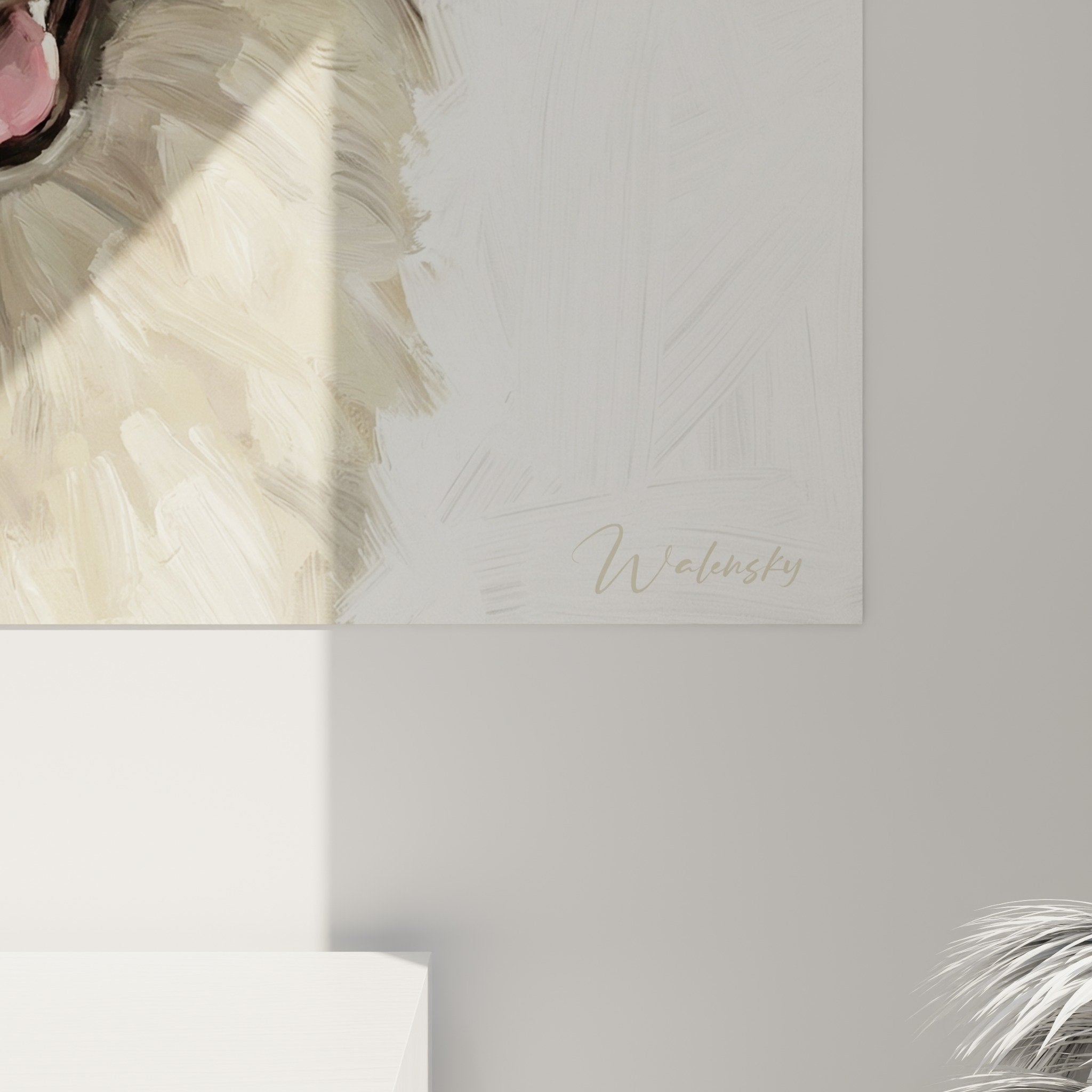 Vue ensemble tableau keeshond souriant décoration murale style moderne tons naturels chauds