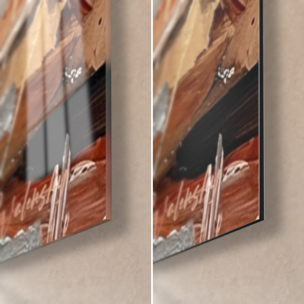 Schilderij grijze en zwarte spitz, rechter onderhoek in glanzend acrylglas en mat Dibond-aluminium, 3 mm rand zichtbaar