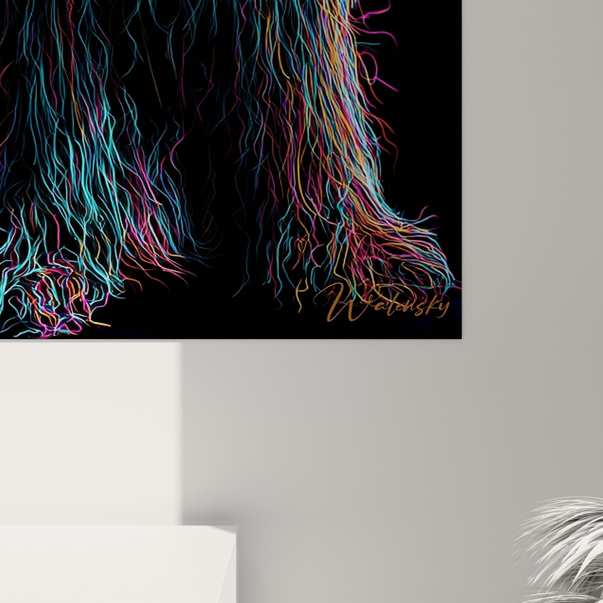 Vue ensemble tableau komondor multicolore décoratif mural art contemporain chien berger hongrois stylisé