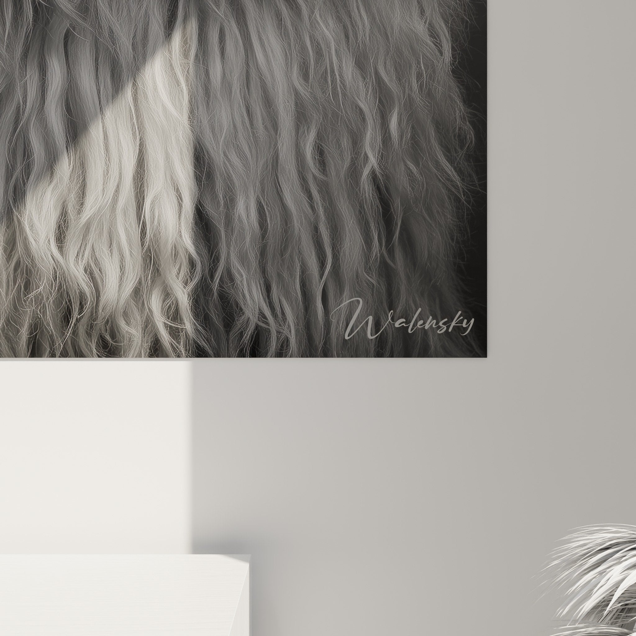 Vue ensemble tableau portrait Komondor monochrome, decoration murale chien gardien hongrois art animalier