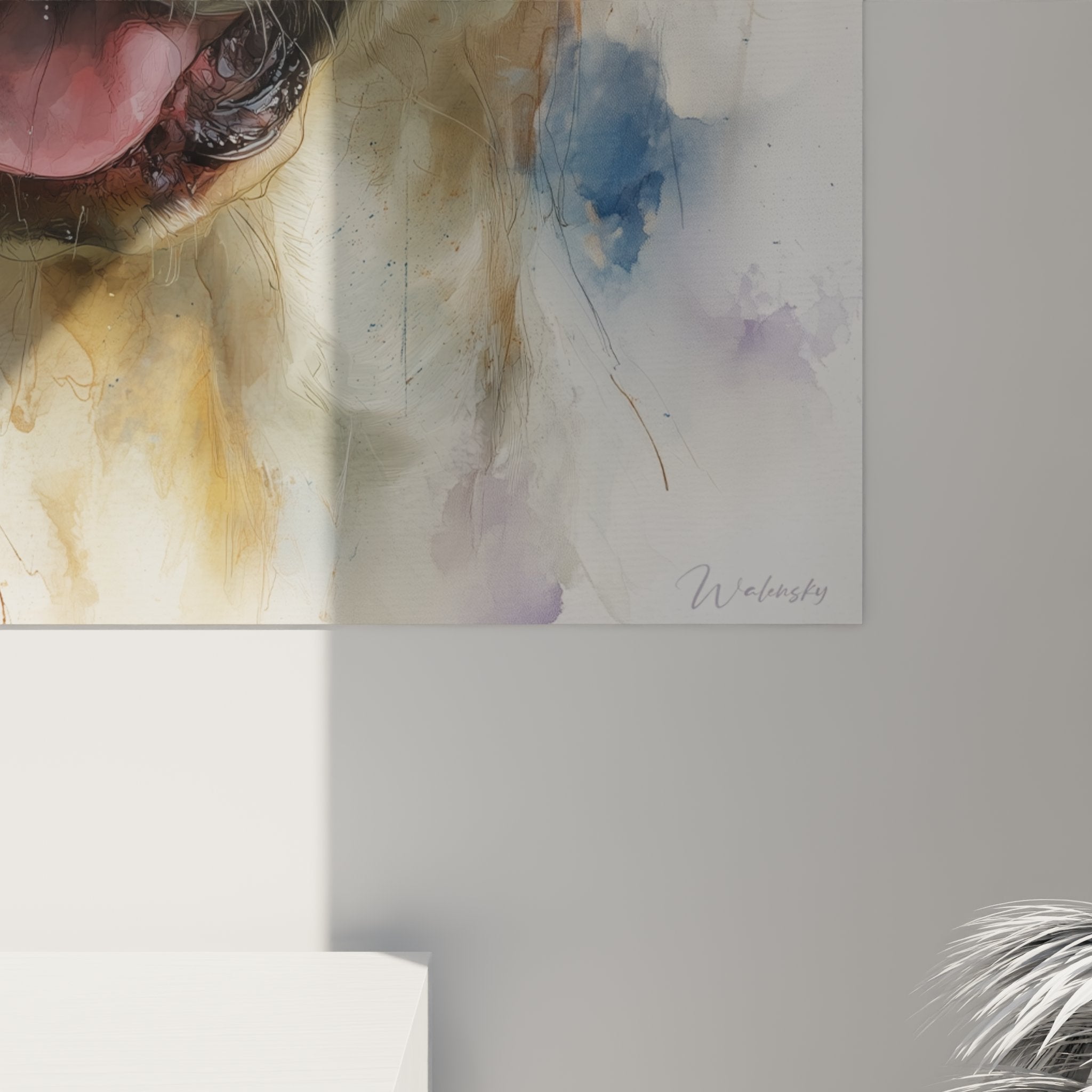 Vista d'insieme quadro labrador retriever acquerello decorazione murale moderna ritratto cane artistico toni armoniosi