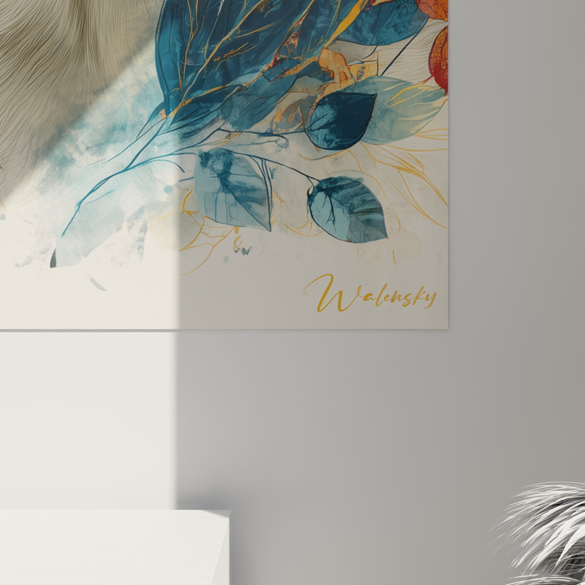 Vue d'ensemble tableau labrador retriever aquarelle feuillages bleus dorés œuvre décorative murale moderne