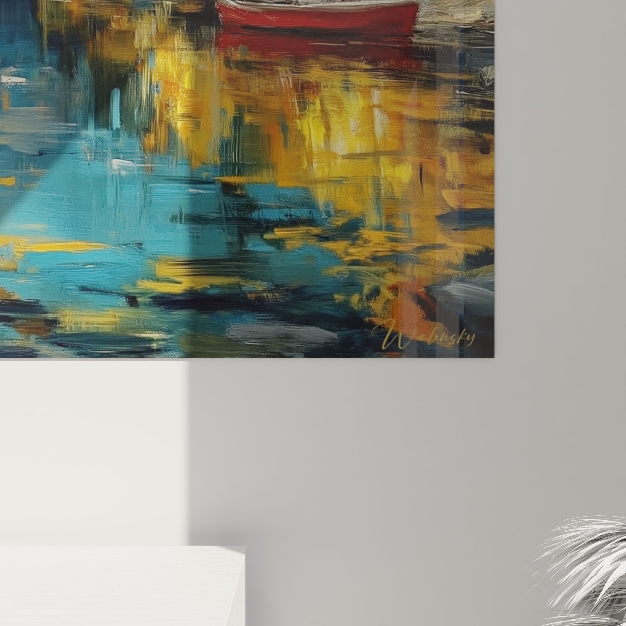 Vue ensemble tableau lac automne montagne, décoration murale paysage avec barque et reflets