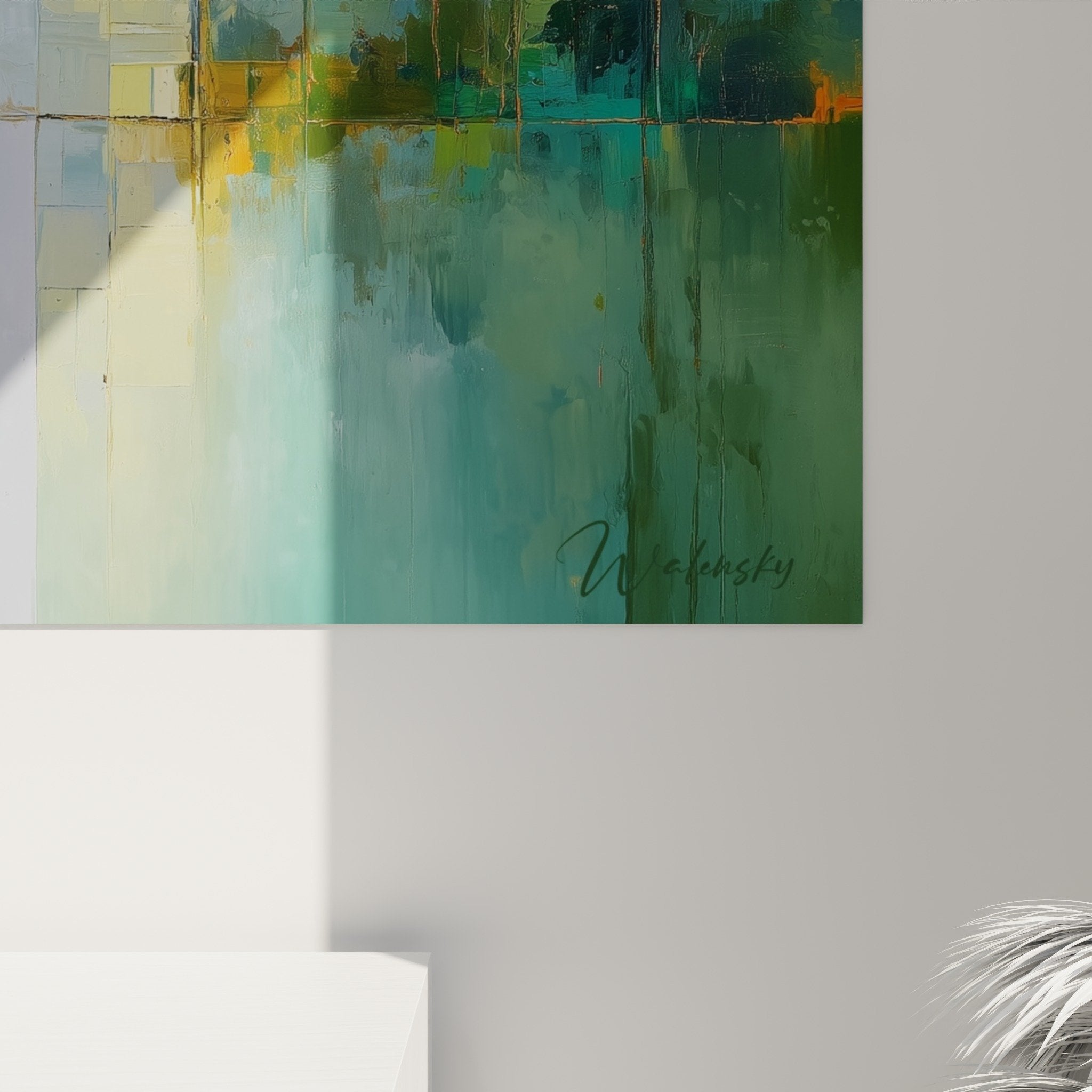 Vue ensemble tableau lac brumeux tons verts, decoration murale zen, edition feng shui est bois