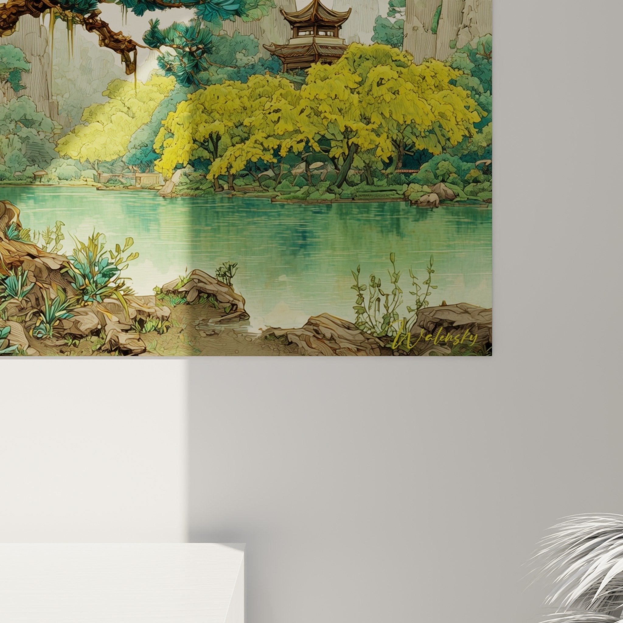 Vue ensemble tableau paysage lac turquoise arbre centenaire architecture orientale brume