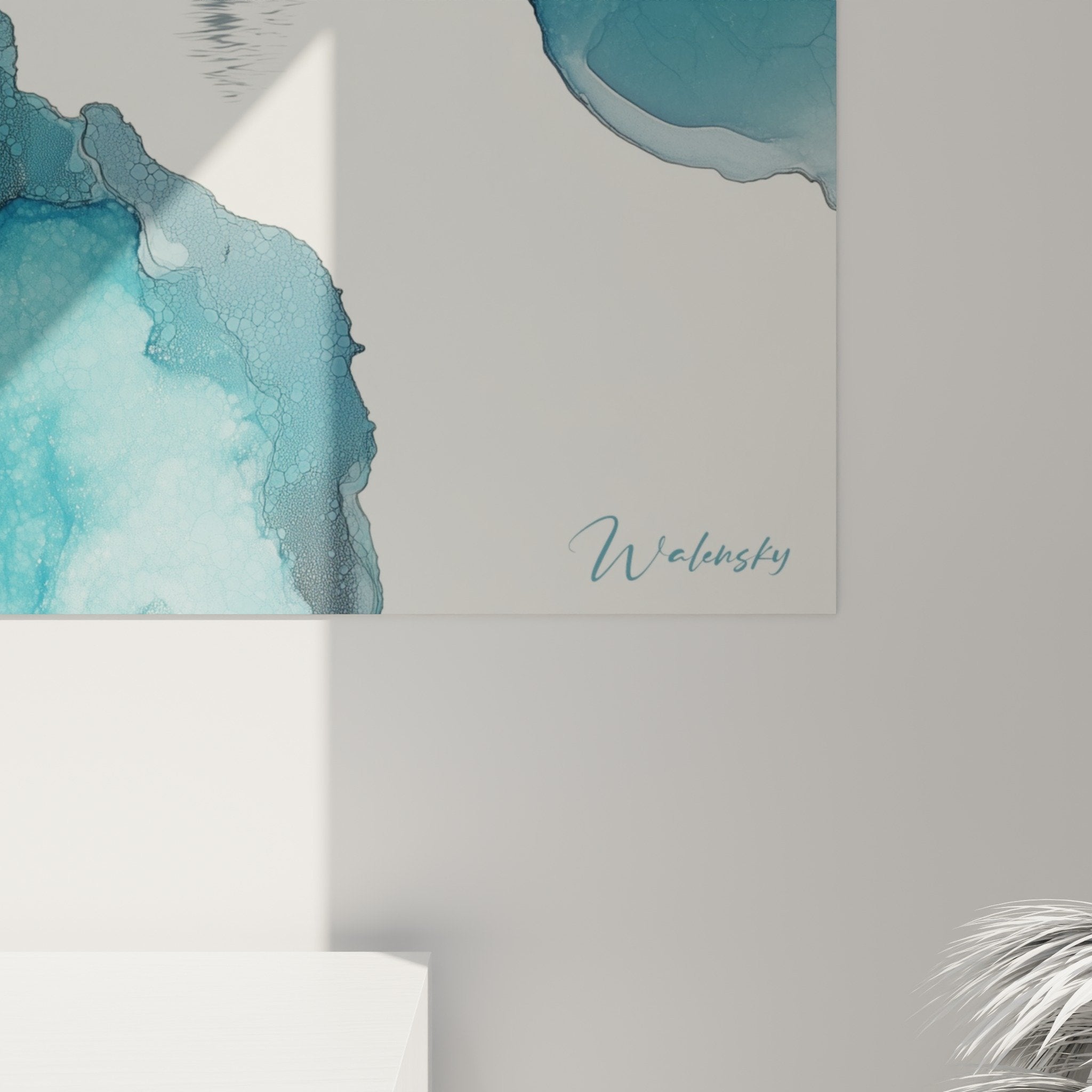 Overall view turquoise lagoon painting with solitary boat wall decor feng shui north water element