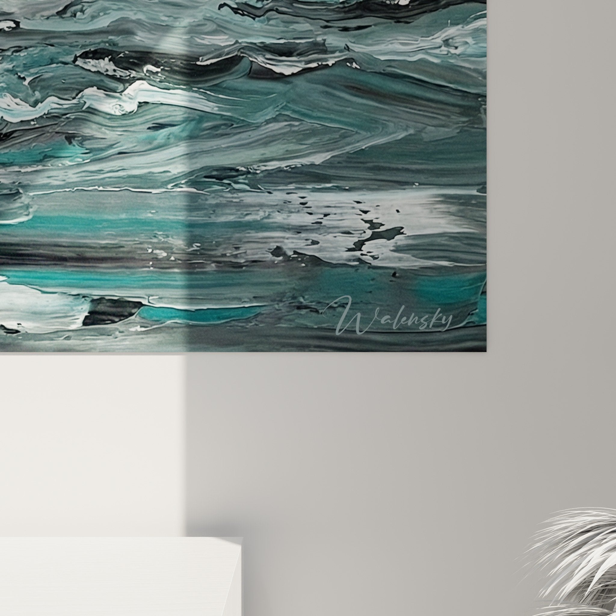 landseer dog painting full view water styling contemporary decor blue gray tones