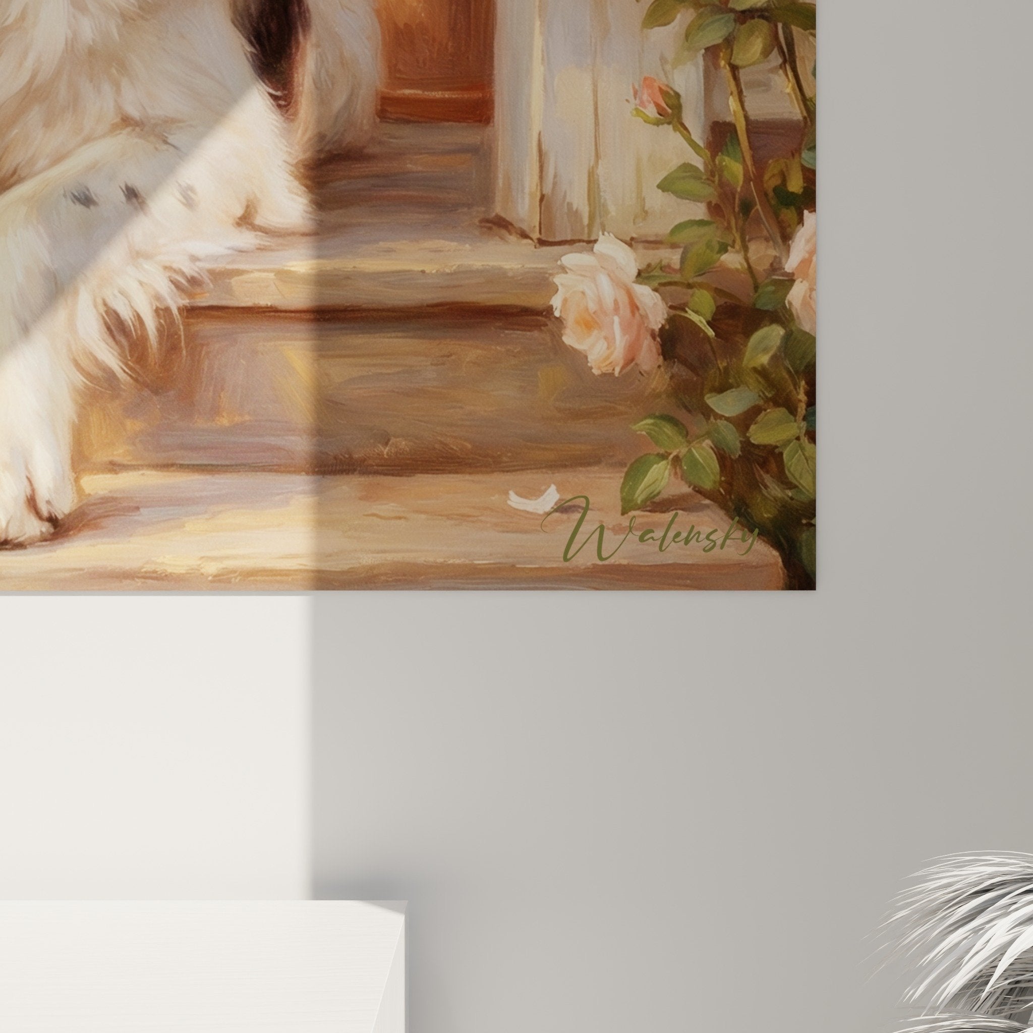 Full view of Landseer child and dog painting on flowered terrace wall art in soft pastel pink and beige tones
