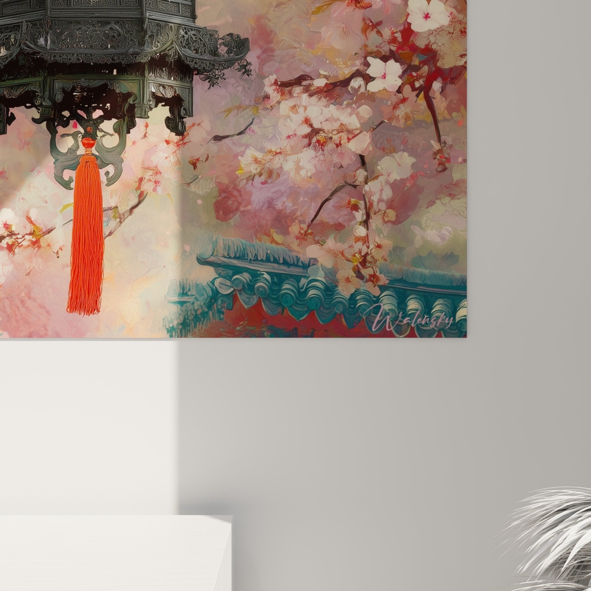 Full view illuminated lantern painting cherry blossoms Japanese wall decor Asian style