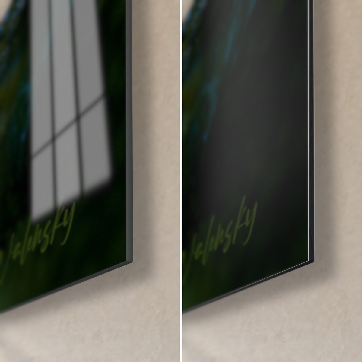 Gemälde Zen-Laterne, unten rechts: glänzendes Acrylglas mit Fensterspiegelungen, mattschwarzes Dibond-Aluminium, 3 mm Kantenstärke