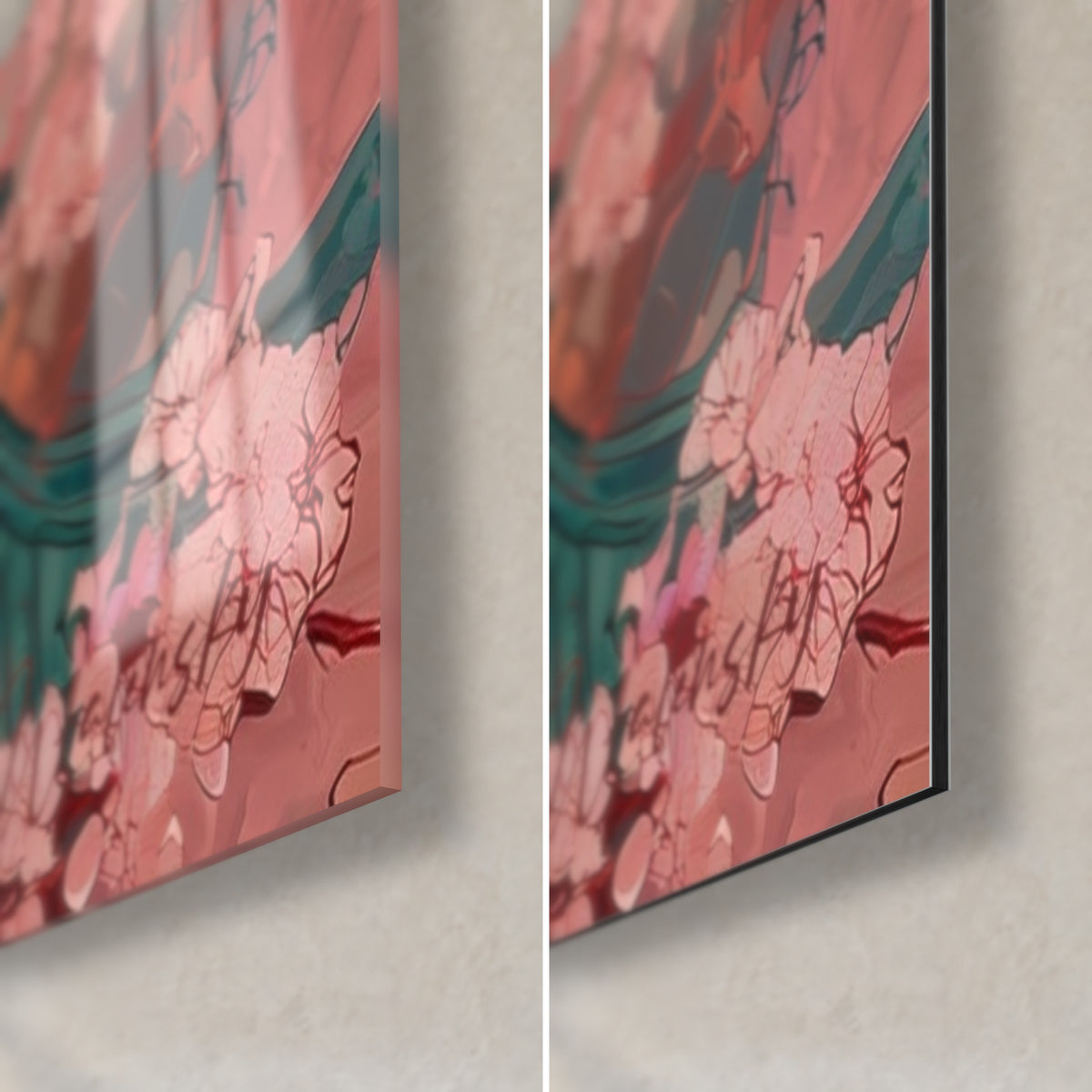 Quadro Lanterna asiatica, fiori di ciliegio rosa e fogliame turchese, angolo in basso a destra in vetro lucido e alluminio Dibond opaco, spessore 3 mm
