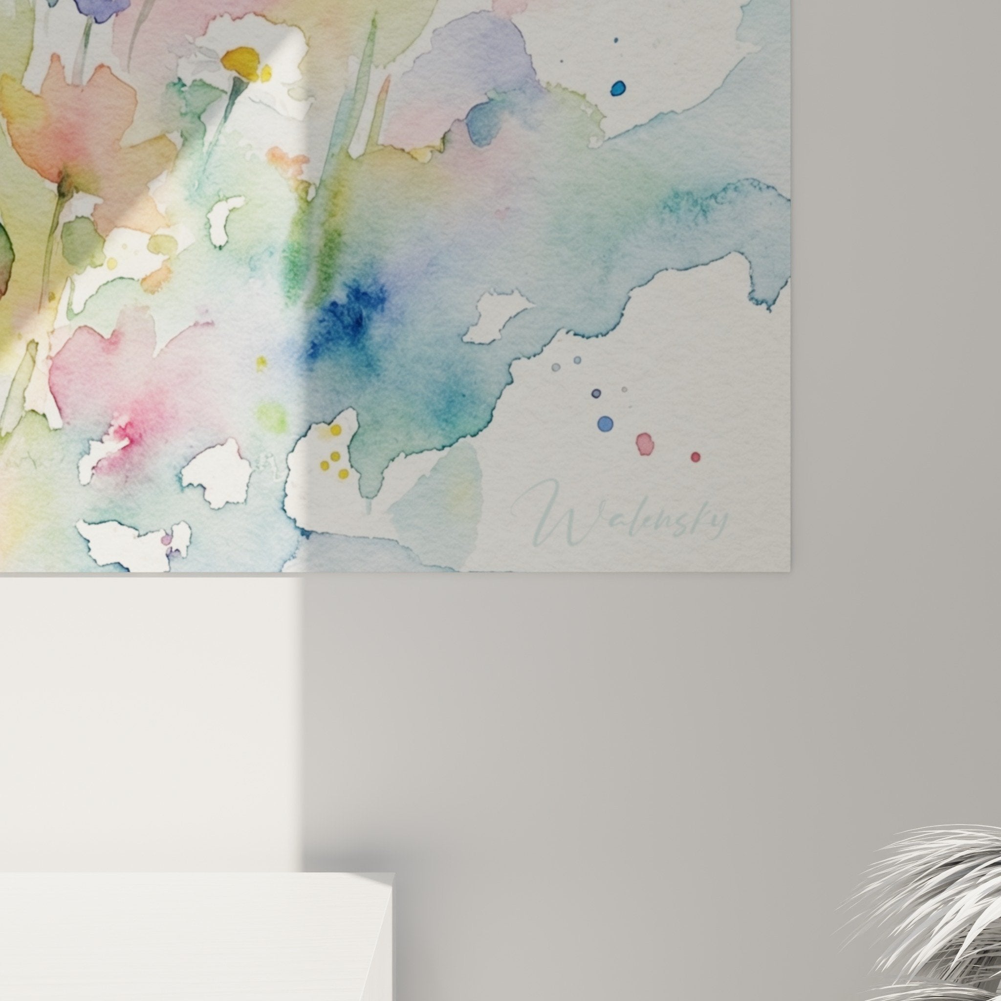 Vue ensemble tableau lapin aquarelle jardin fleuri composition artistique couleurs pastel eclaboussures