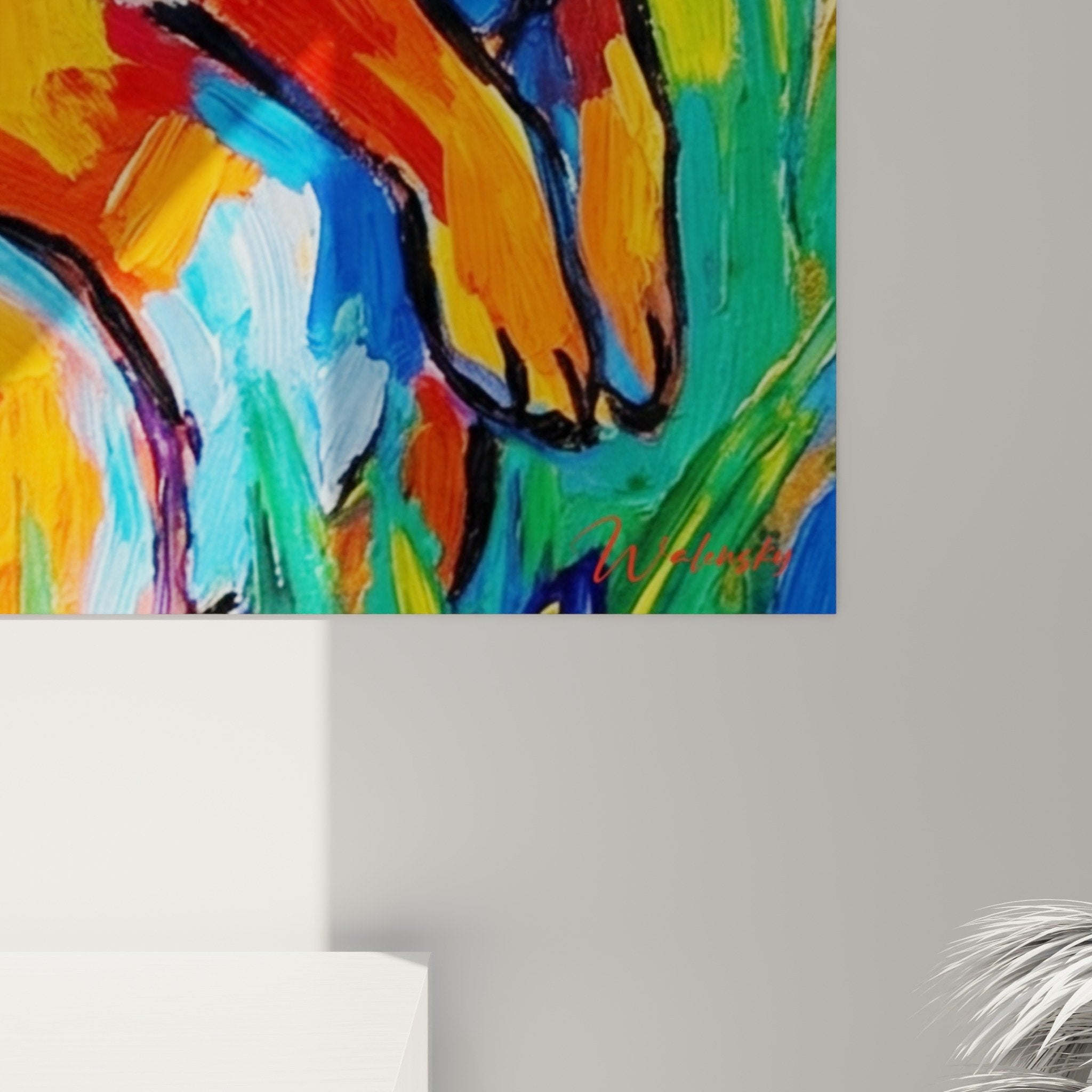 Full view multicolor rabbit painting modern wall art contemporary interior decoration