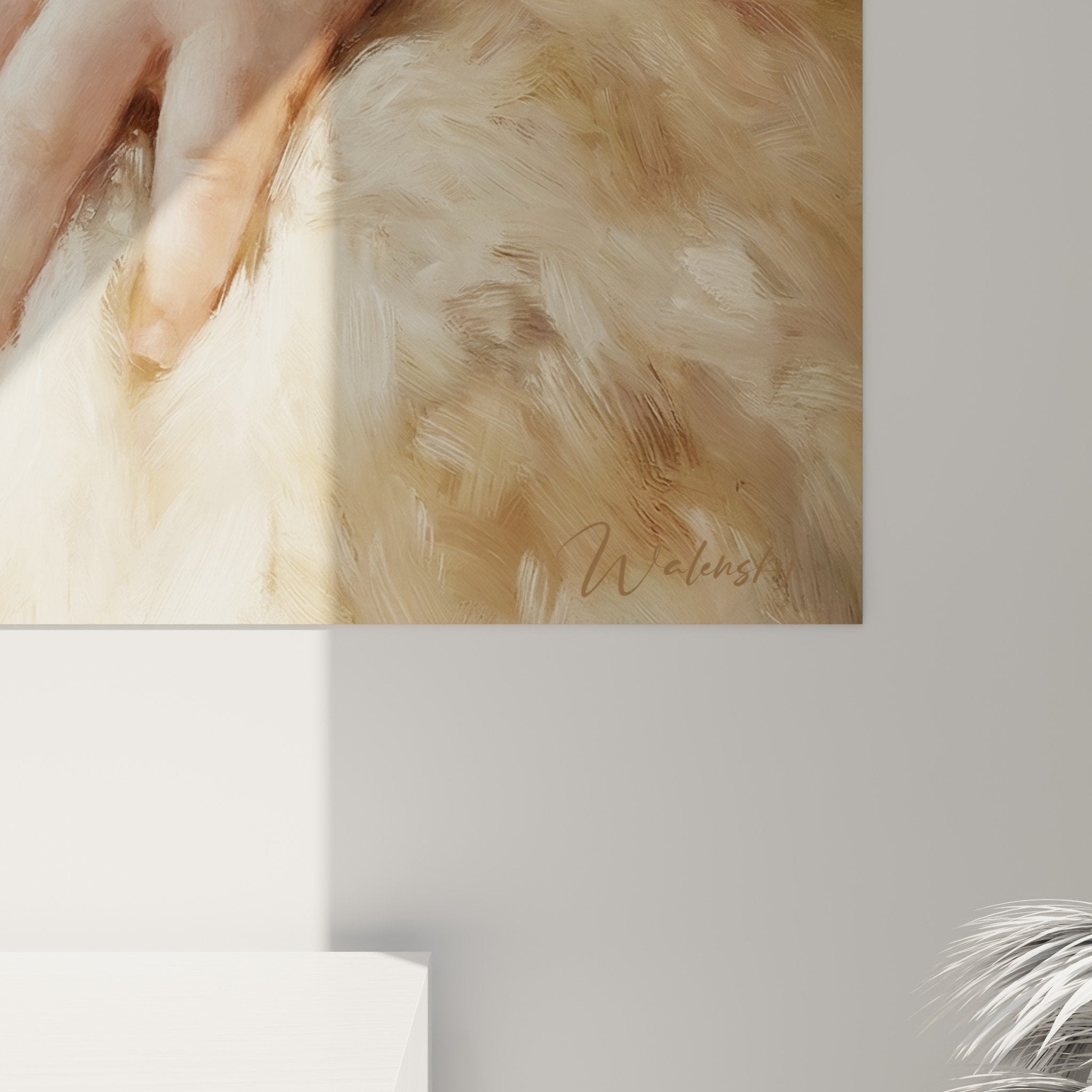 Gesamtansicht Kaninchen-Kunstdruck Zärtliche Liebkosungen Inneneinrichtung neutrale Töne Creme Gold