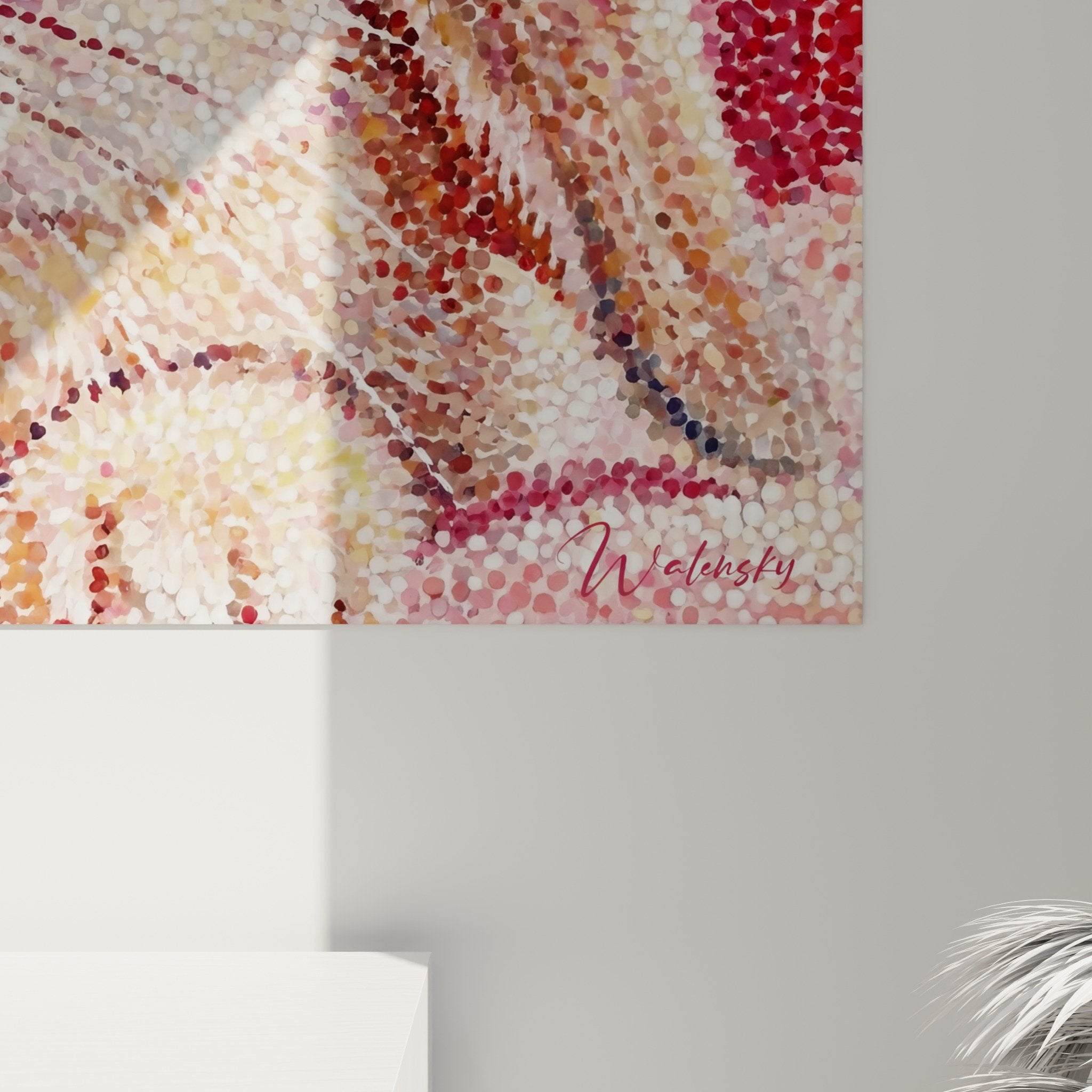 Vue ensemble tableau lapin gourmand fraise style pointilliste palette rose decoration