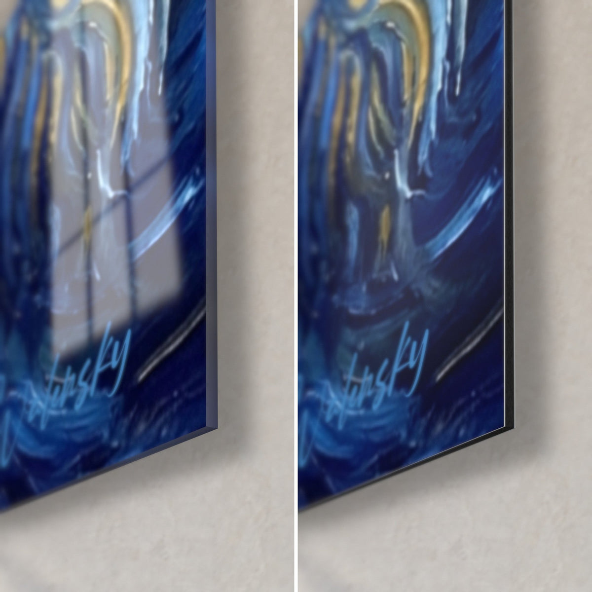 Tableau Leonberg en spirales dorées sur fond bleu outremer, signature Walensky, tranche de 3 mm, verre acrylique brillant et Dibond mat