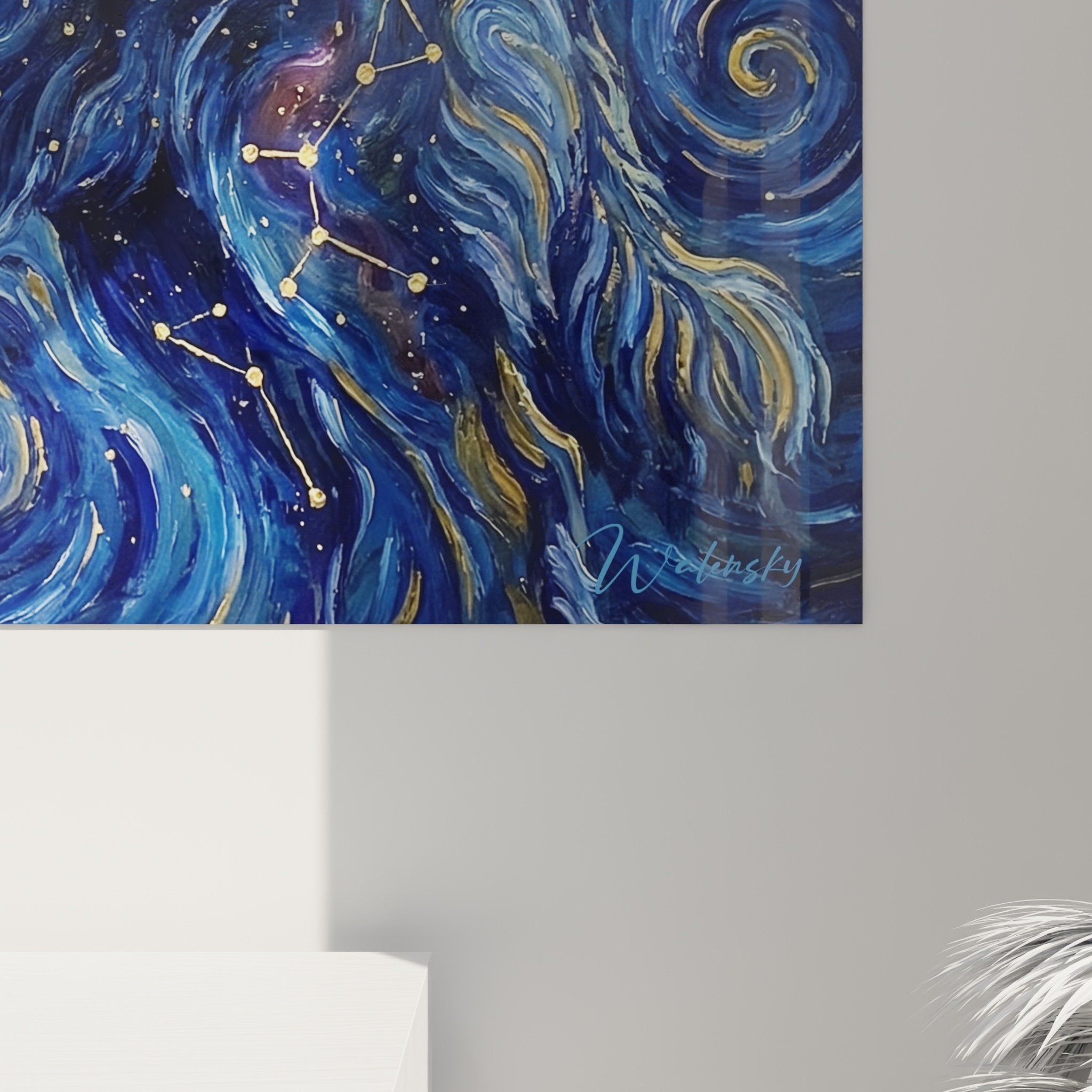 Leonberg cosmic painting wall art dog decor golden stars blue background