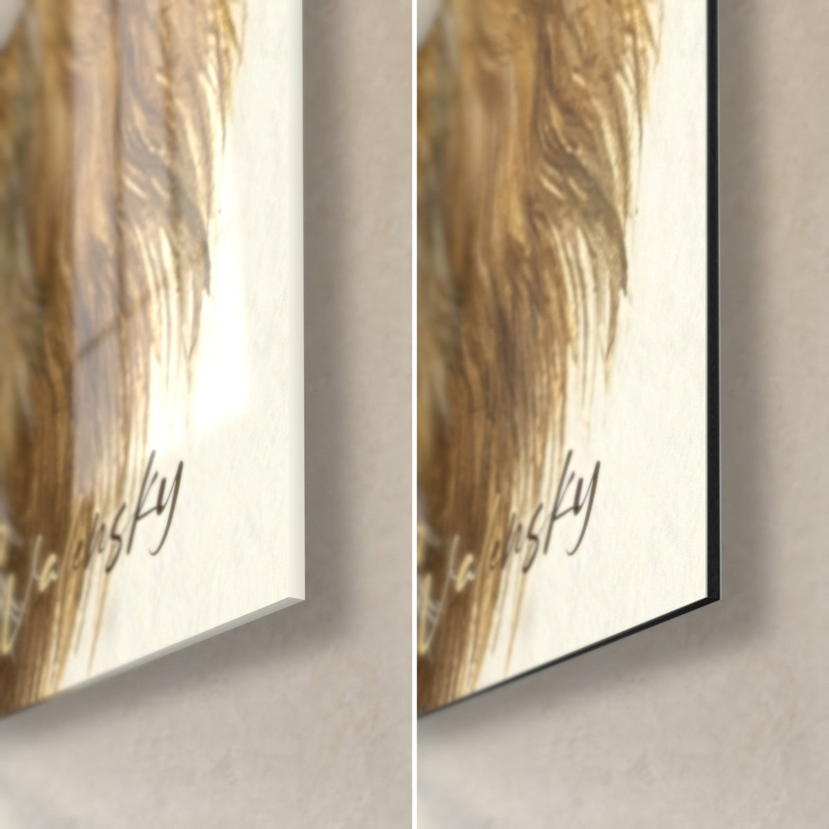 Gemälde Leonberger mit rotbraunem Fell, untere rechte Ecke: glänzendes Acrylglas und mattes Alu-Dibond, schwarze Kante von 3 mm