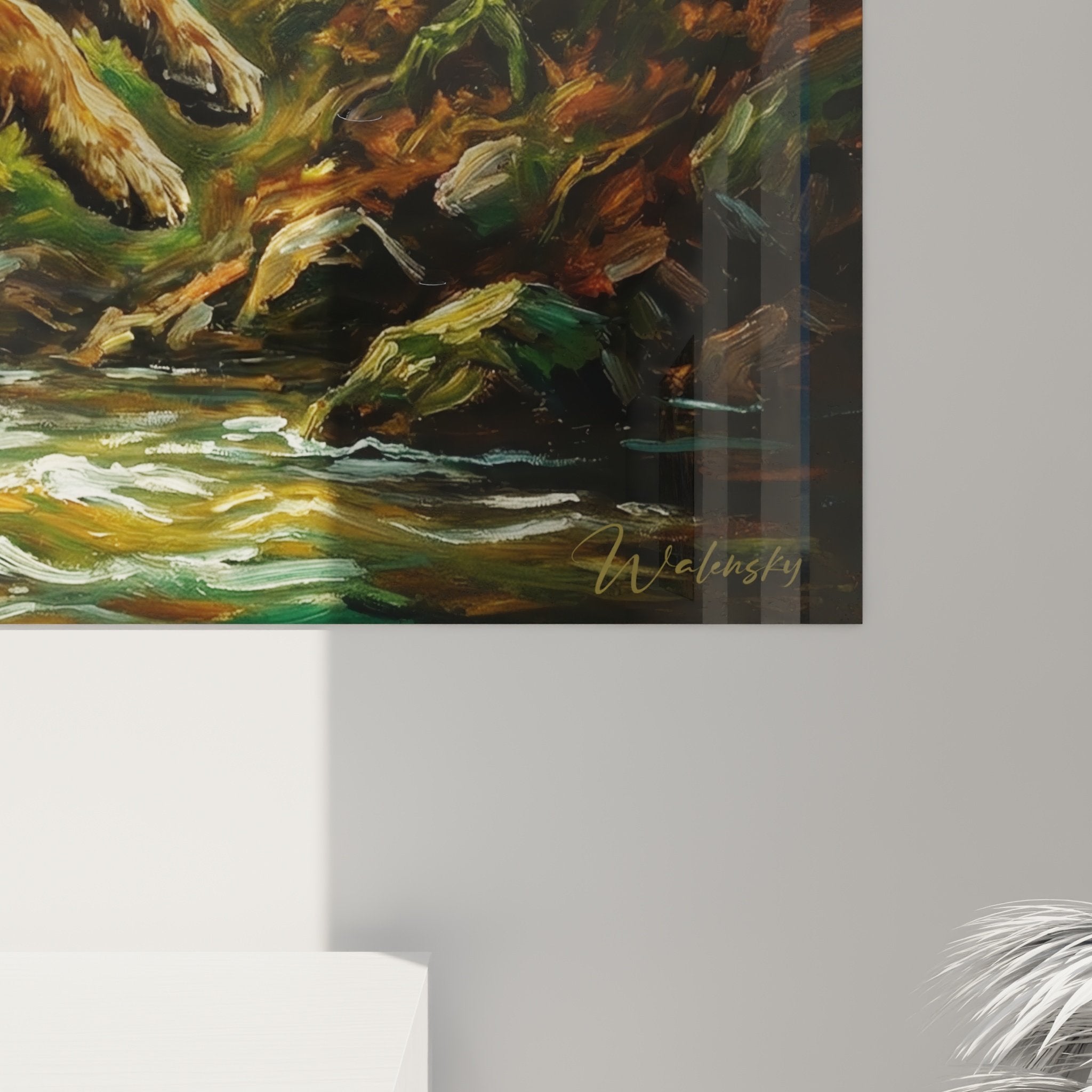gesamtansicht gemälde leonberg bach wald wohnzimmer wanddekoration tierische kunst natur