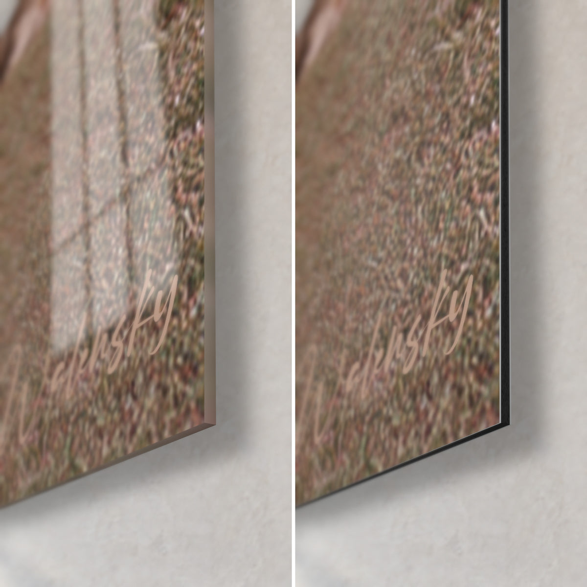 Quadro levriero afghano, angolo in basso a destra mezzo vetro lucido con riflessi, mezzo Dibond opaco grigio, bordo da 3 mm visibile