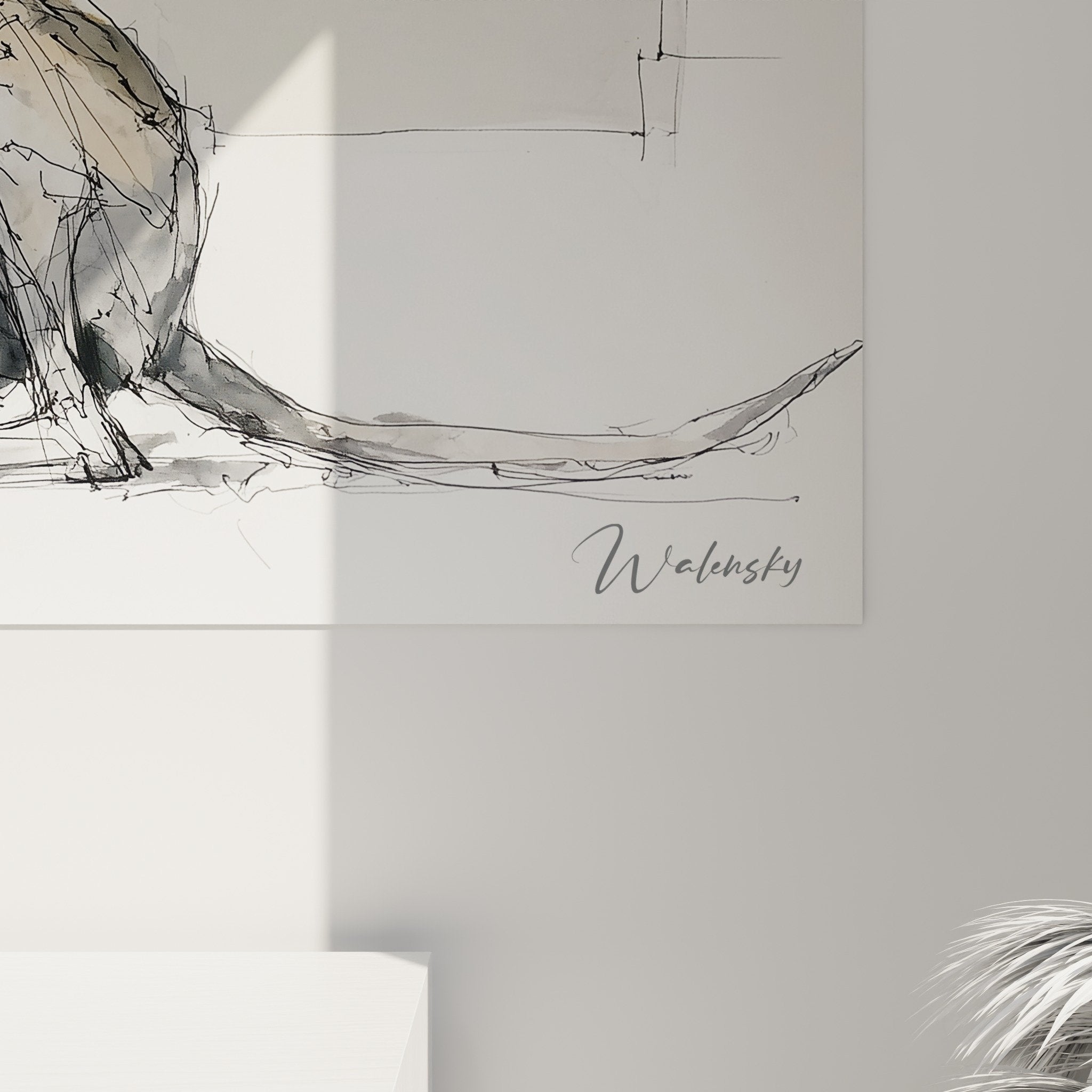 Vue ensemble tableau lévrier Barzoi esquisse aquarelle décoration intérieur tons poudrés ocre gris orange