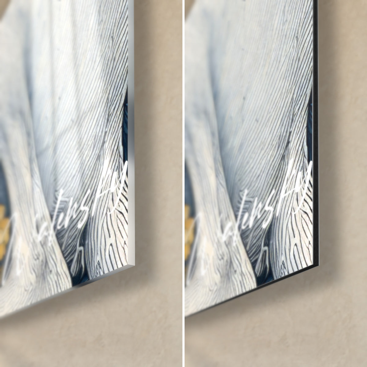 Wall art white dog with fine features, glossy acrylic glass on the left, matte black Dibond aluminium on the right, 3 mm edge at the bottom right corner