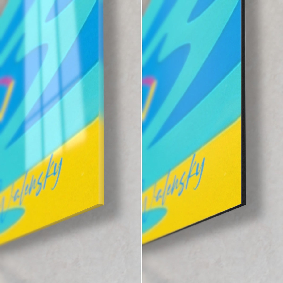 Gemälde Windhund in Koralle und Blau, gelbe Signatur Walensky unten rechts: glänzendes Acrylglas links, mattes Dibond-Aluminium rechts