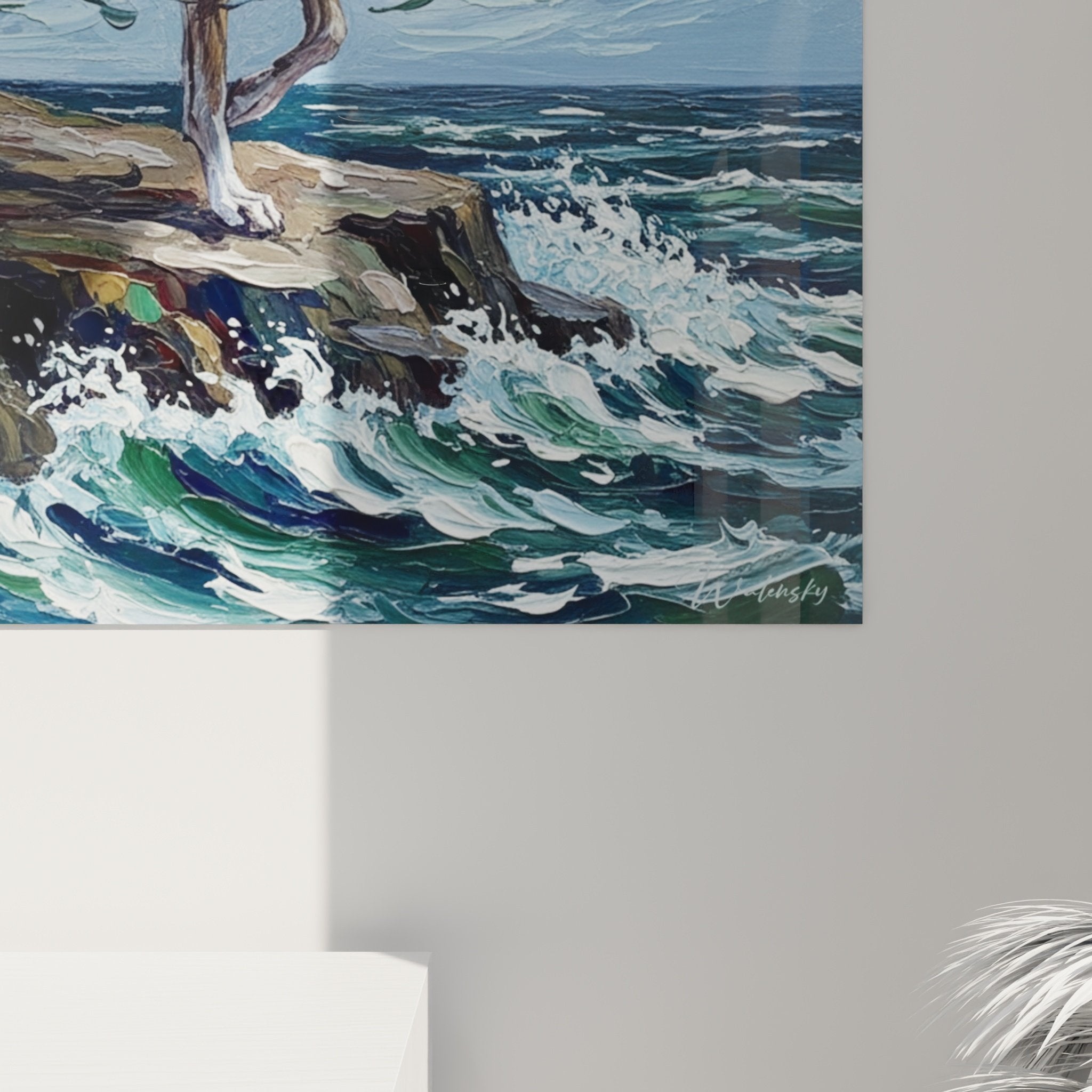 Vue ensemble tableau levrier falaise oceane decoration interieur style artistique maritime