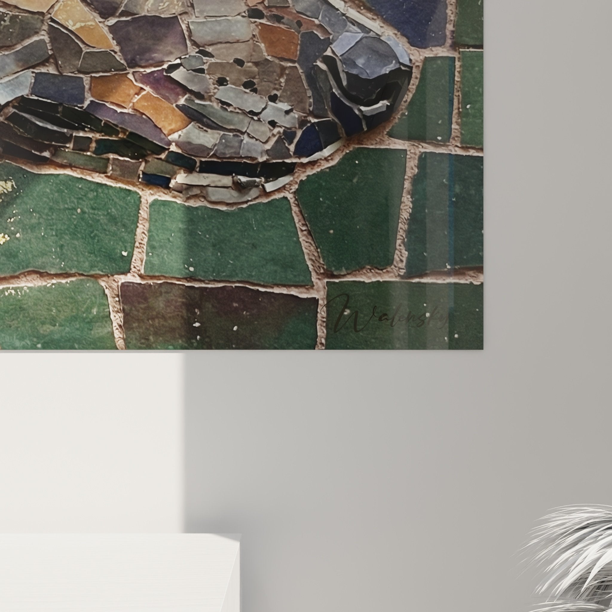 Gesamtansicht Windhund-Mosaik-Wandbild warme Töne Ocker Braun zeitgenössische Wandkunst Inneneinrichtung