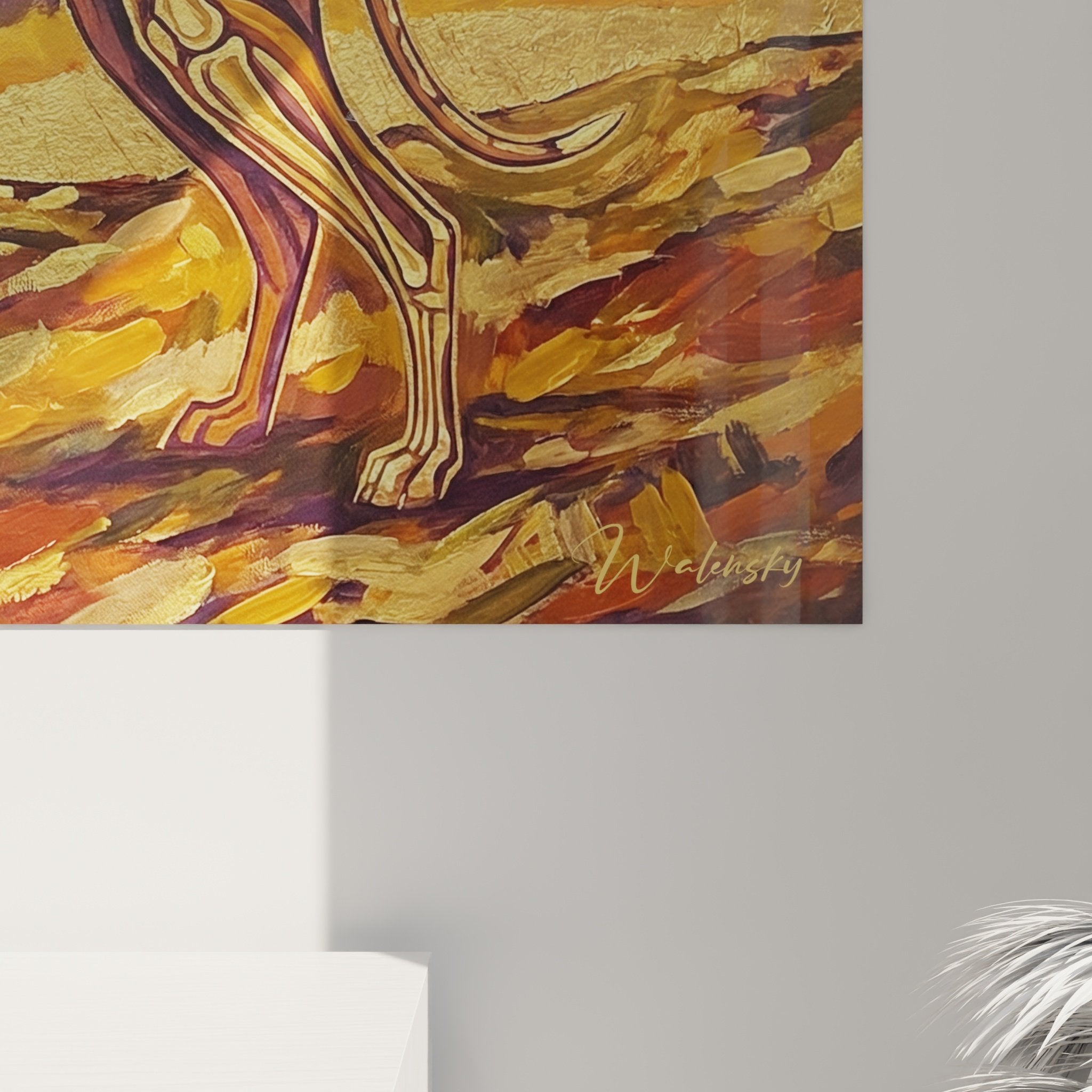 Vue ensemble tableau lévrier greyhound doré paysage coucher soleil ciel dramatique violet bronze décoration