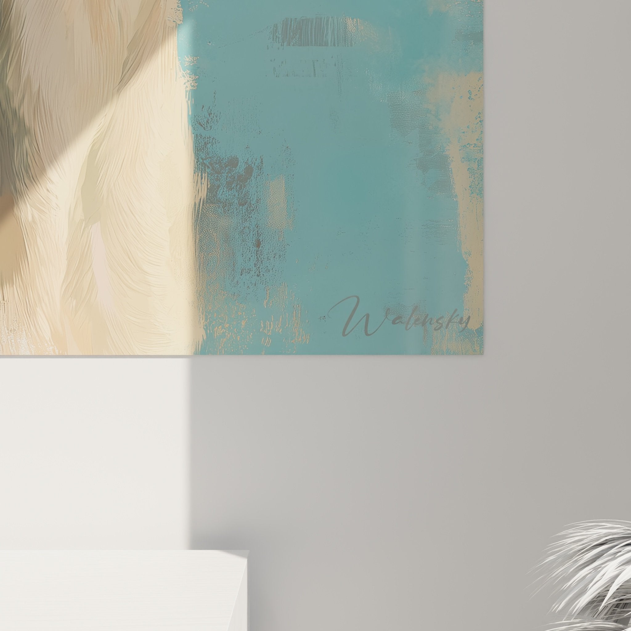 Vue ensemble tableau mural portrait levrier whippet tons bleu beige decoration interieur contemporain raffinee